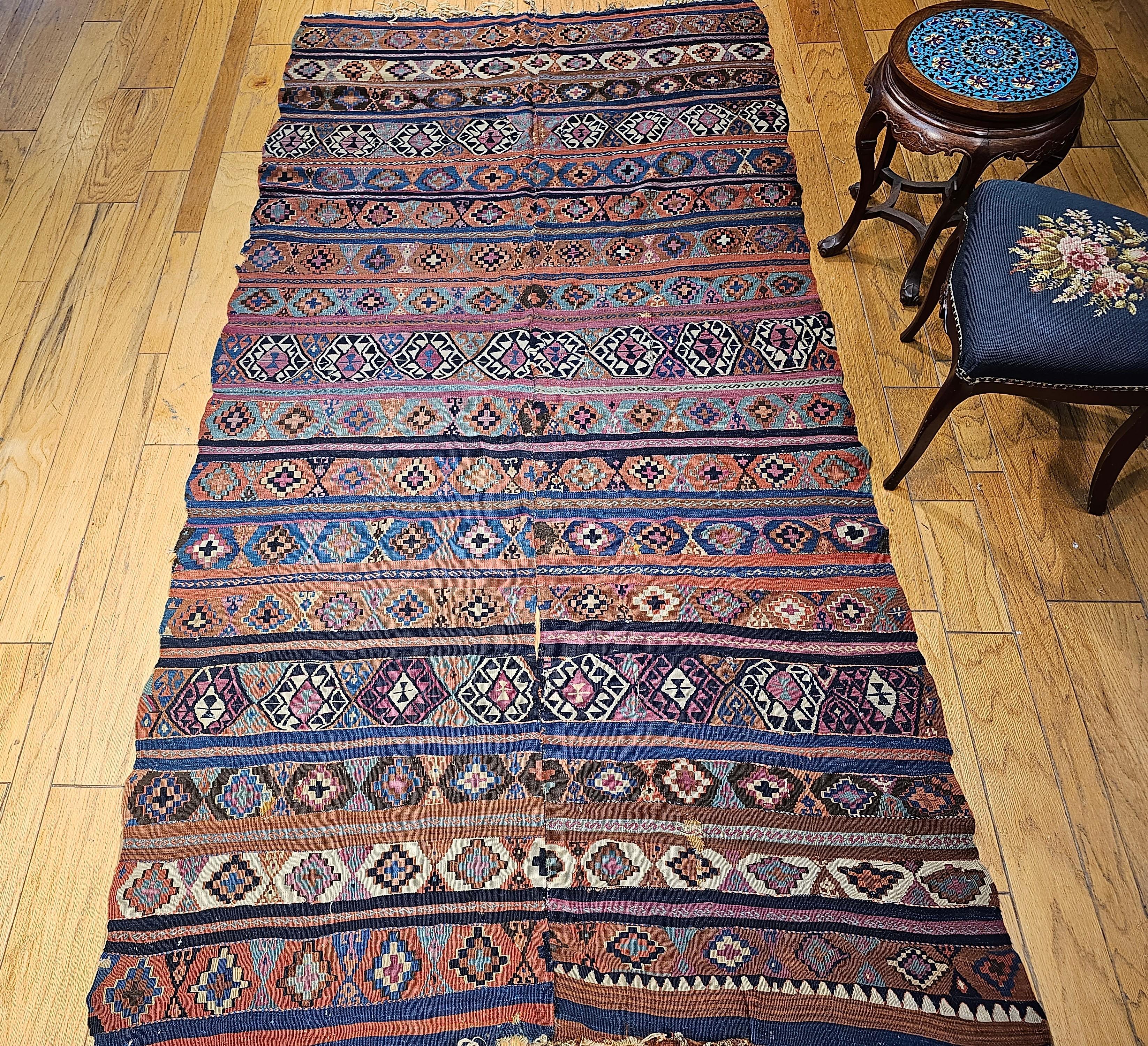 Vintage Caucasian Kilim in Geometric Pattern in Turquoise, Purple, Blue, Ivory For Sale 4