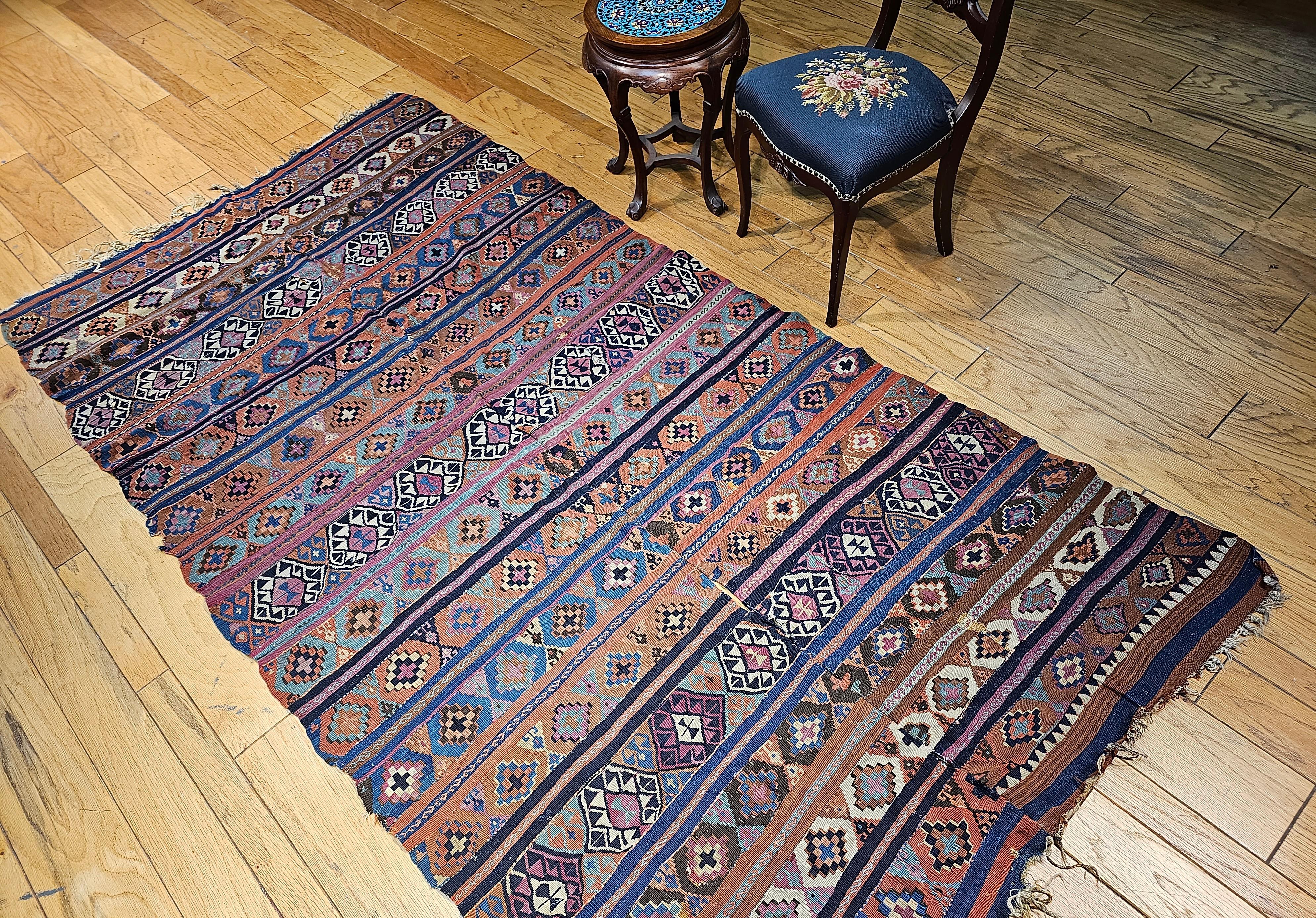 Vintage Caucasian Kilim in Geometric Pattern in Turquoise, Purple, Blue, Ivory For Sale 5
