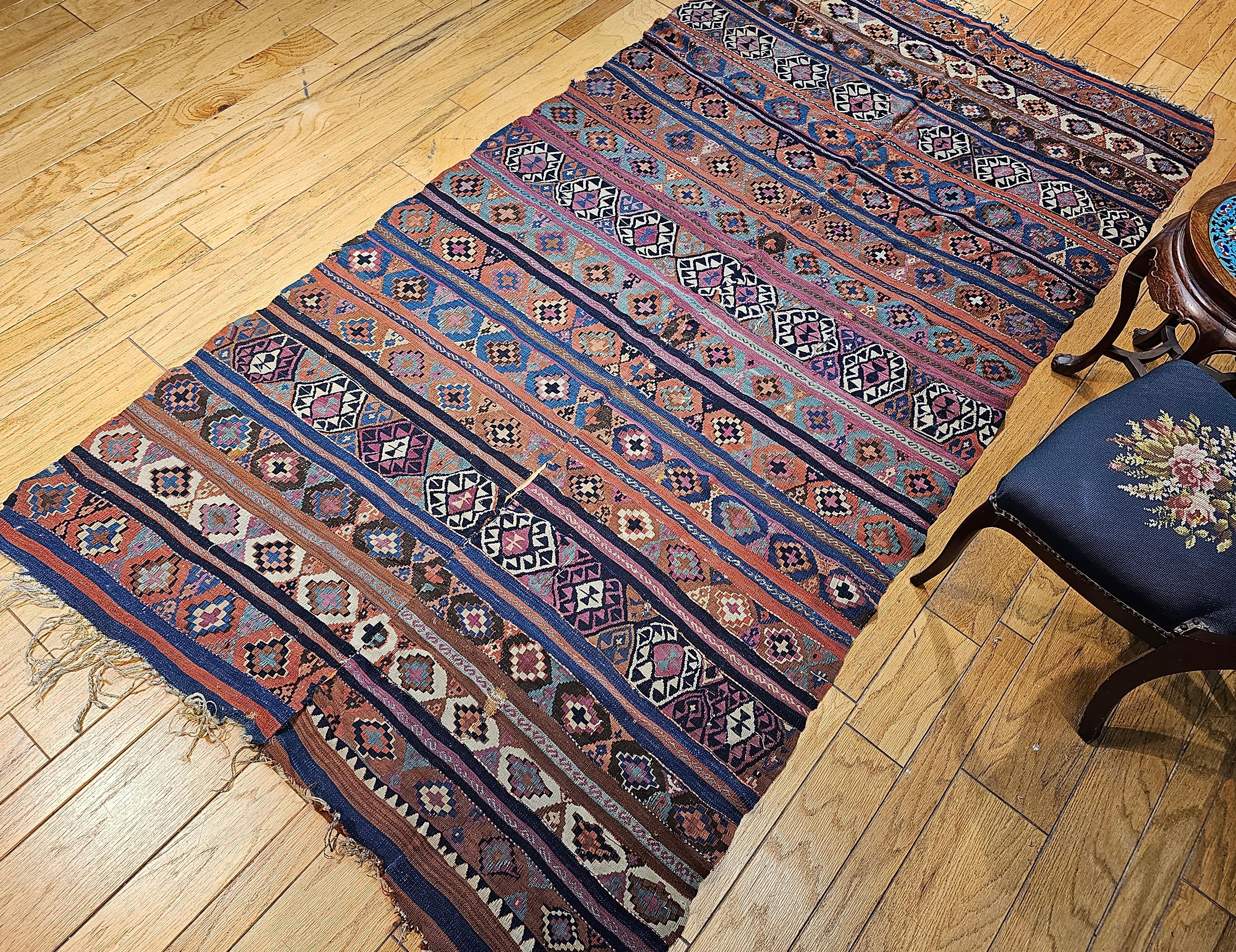 Vintage Caucasian Kilim in Geometric Pattern in Turquoise, Purple, Blue, Ivory For Sale 6