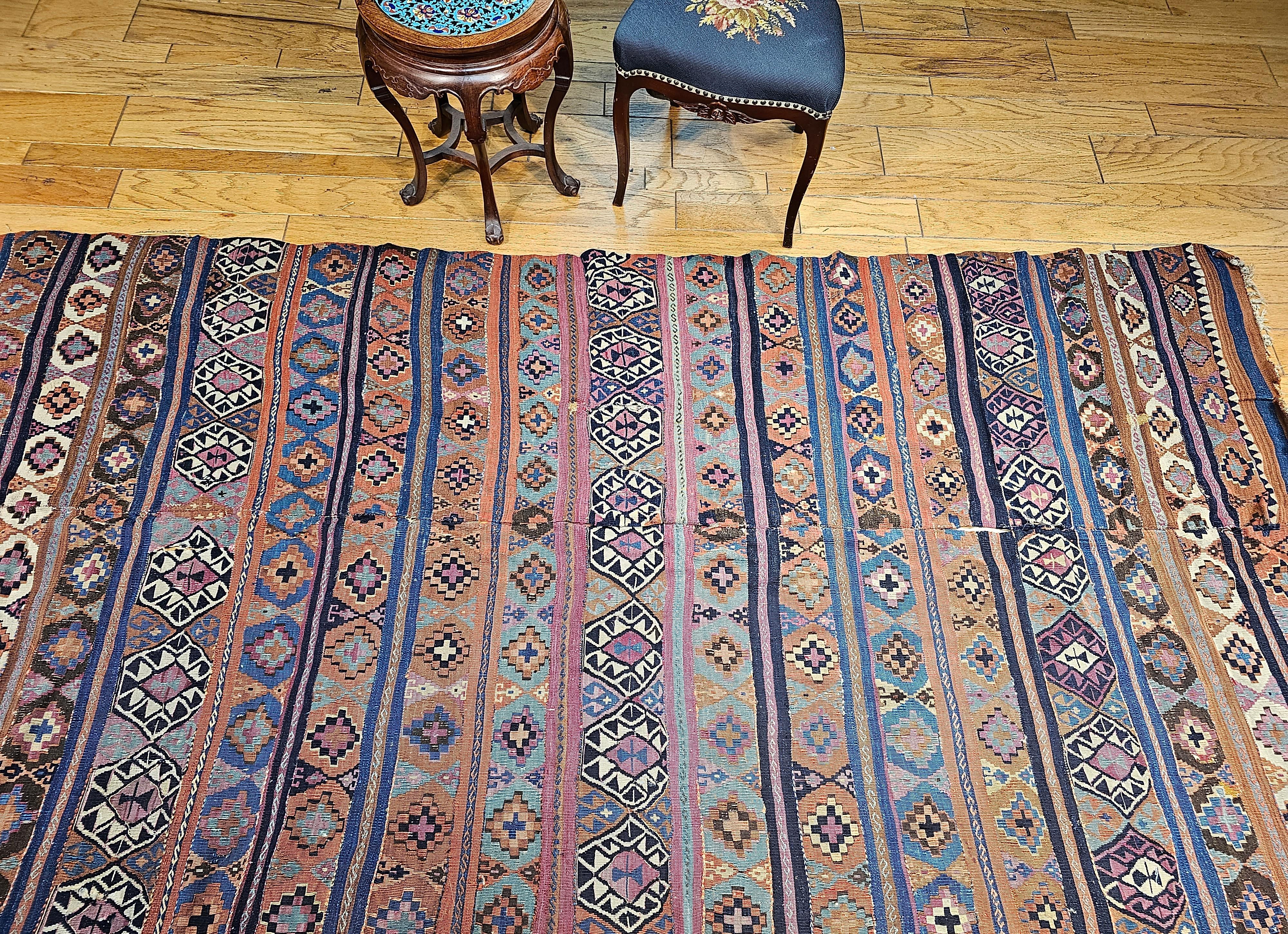 Vintage Caucasian Kilim in Geometric Pattern in Turquoise, Purple, Blue, Ivory For Sale 7