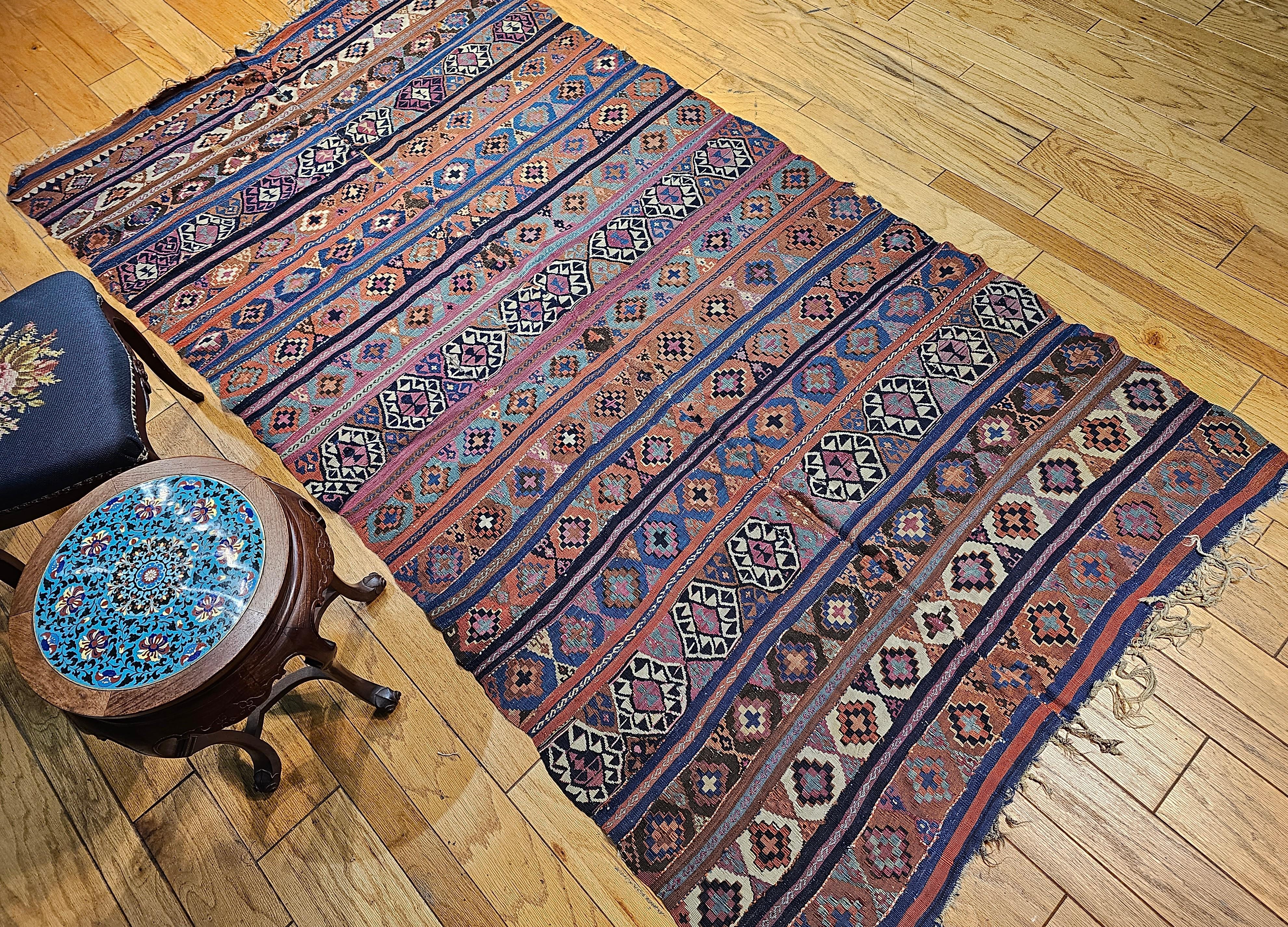 Vintage Caucasian Kilim in Geometric Pattern in Turquoise, Purple, Blue, Ivory For Sale 8