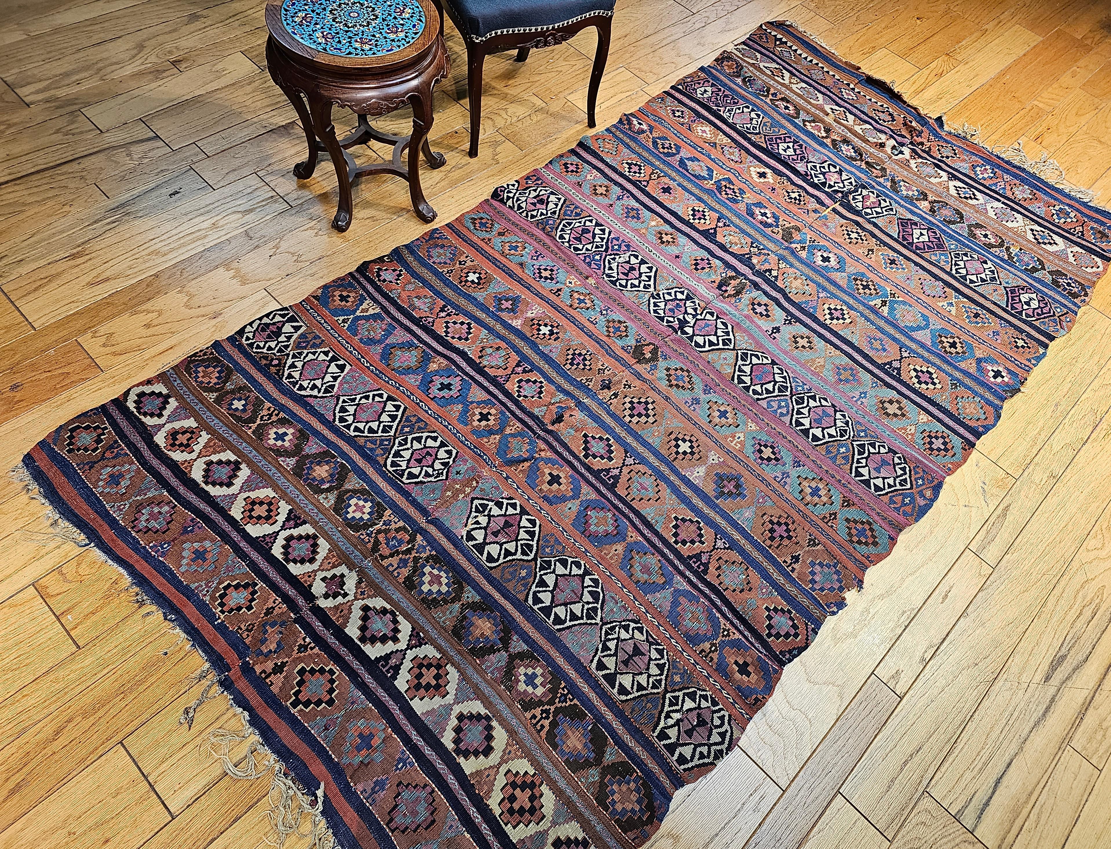 Vintage Caucasian Kilim in Geometric Pattern in Turquoise, Purple, Blue, Ivory For Sale 9