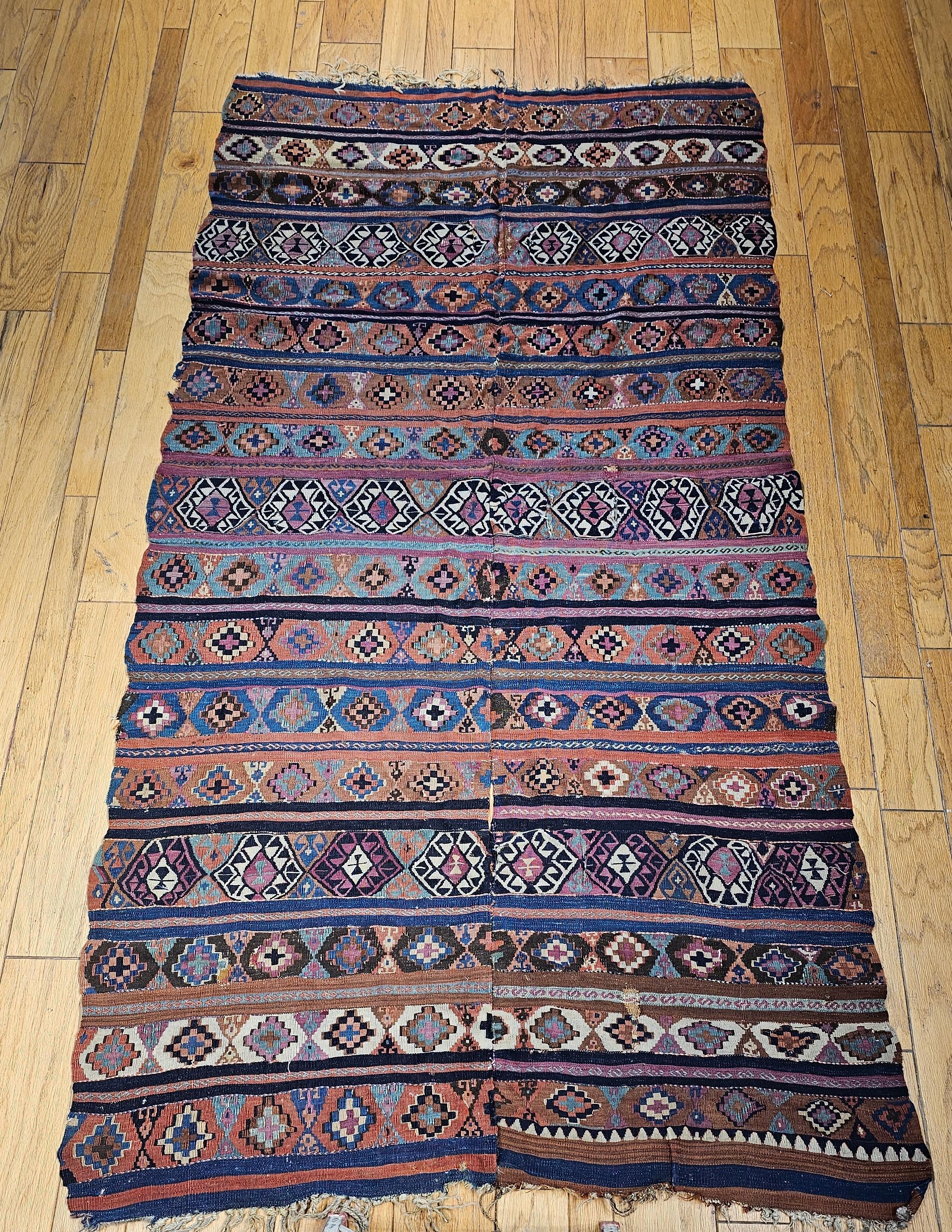 Vintage Caucasian Kilim in Geometric Pattern in Turquoise, Purple, Blue, Ivory For Sale 10