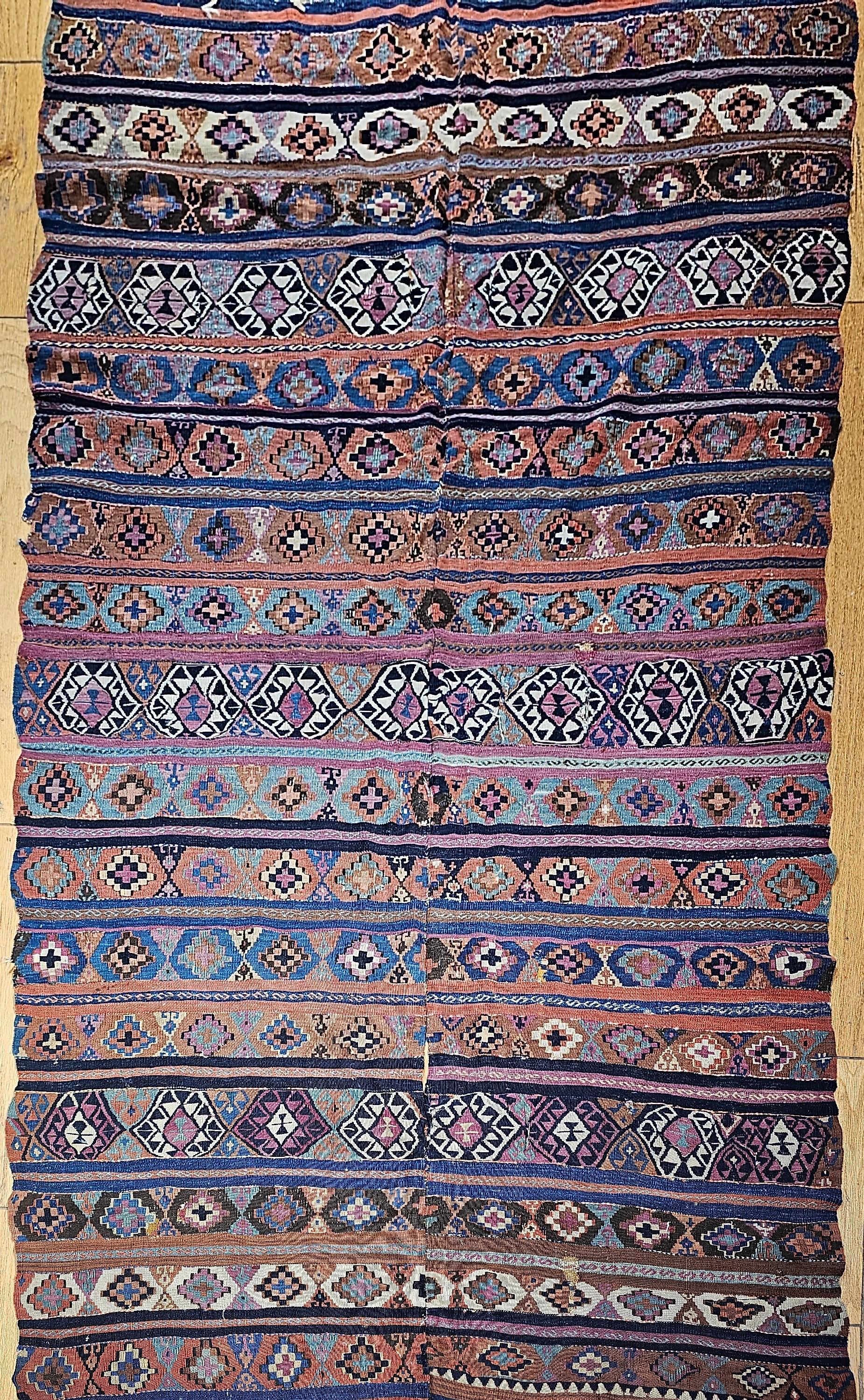 19th Century Caucasian Shirvan kilim in turquoise, purple, blue, ivory. Since Kilims are tapestry type flatweaves (no pile), finding one that is over 125 years in such a great condition is extremely rare. The village weavers usually made these in