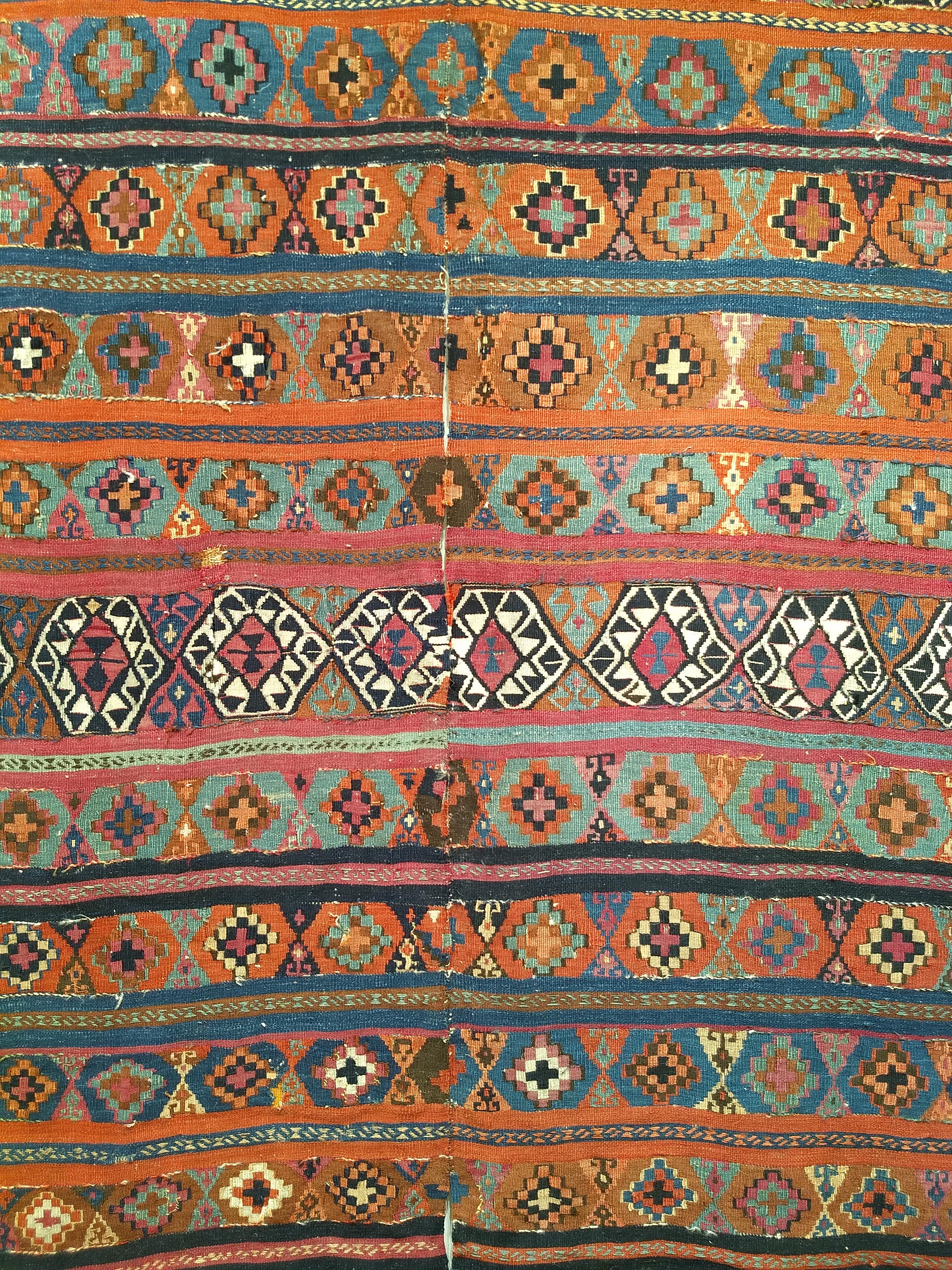 Azerbaijani Vintage Caucasian Kilim in Geometric Pattern in Turquoise, Purple, Blue, Ivory For Sale