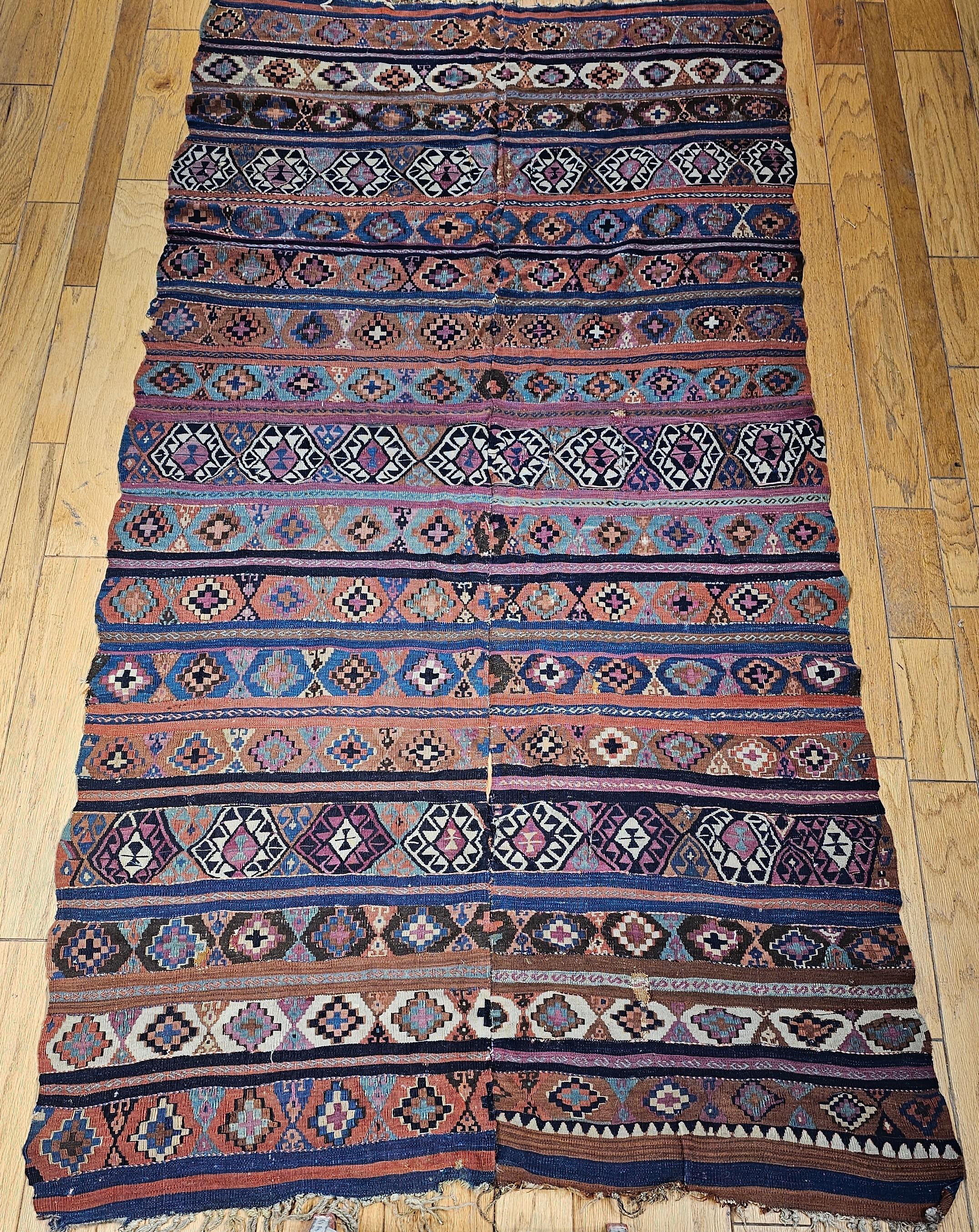 Vintage Caucasian Kilim in Geometric Pattern in Turquoise, Purple, Blue, Ivory In Good Condition For Sale In Barrington, IL