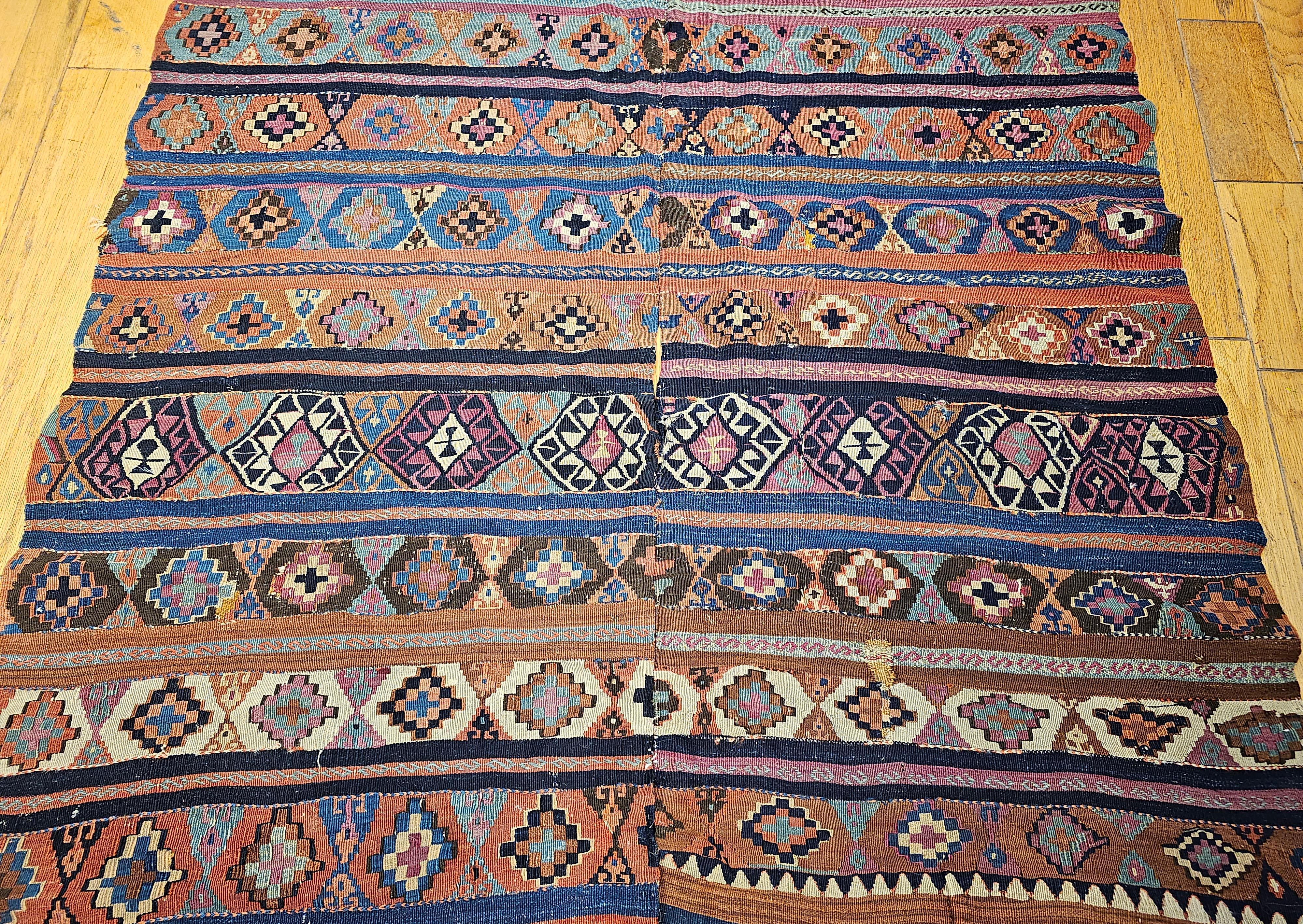 19th Century Vintage Caucasian Kilim in Geometric Pattern in Turquoise, Purple, Blue, Ivory For Sale