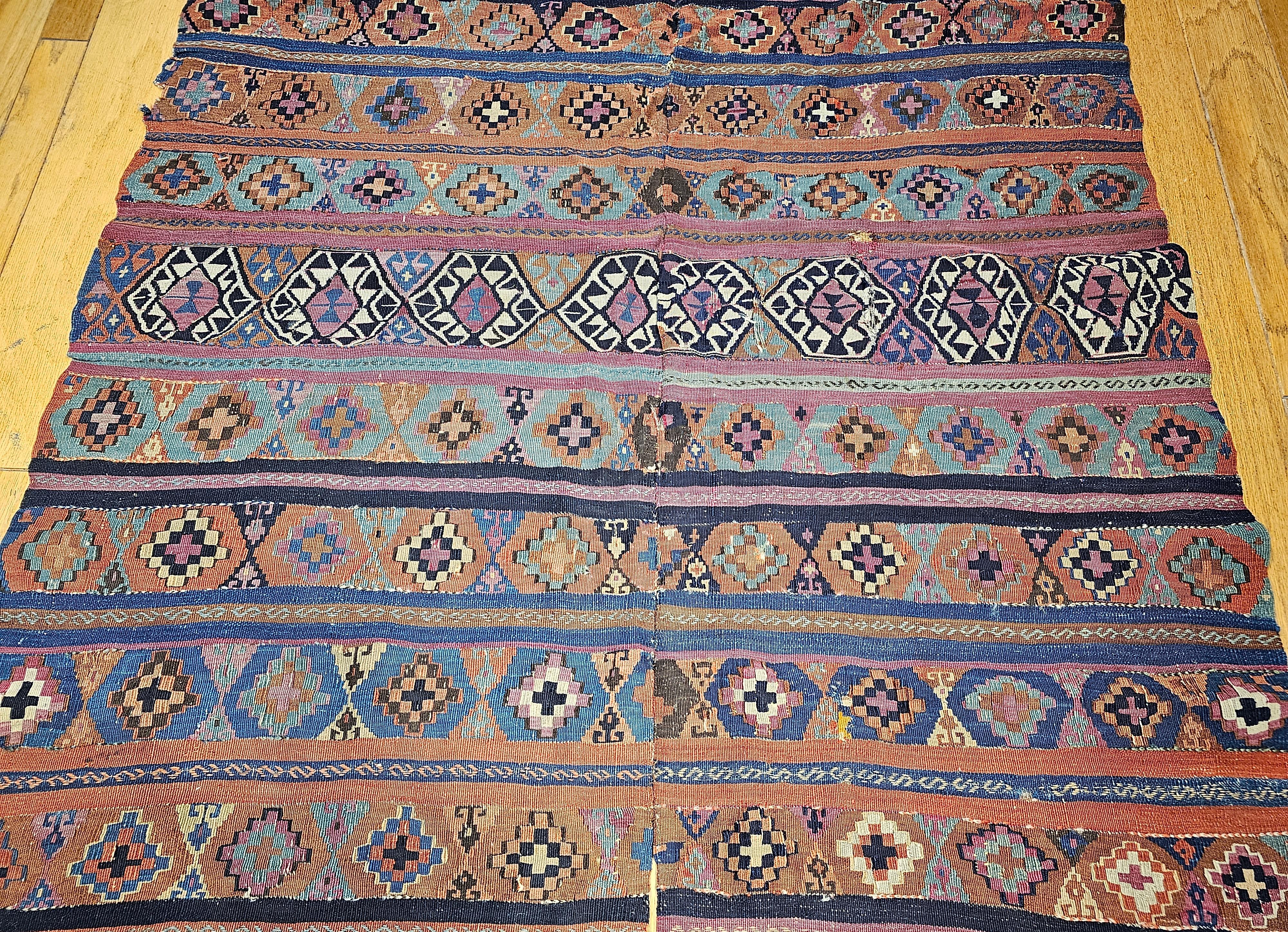 Wool Vintage Caucasian Kilim in Geometric Pattern in Turquoise, Purple, Blue, Ivory For Sale