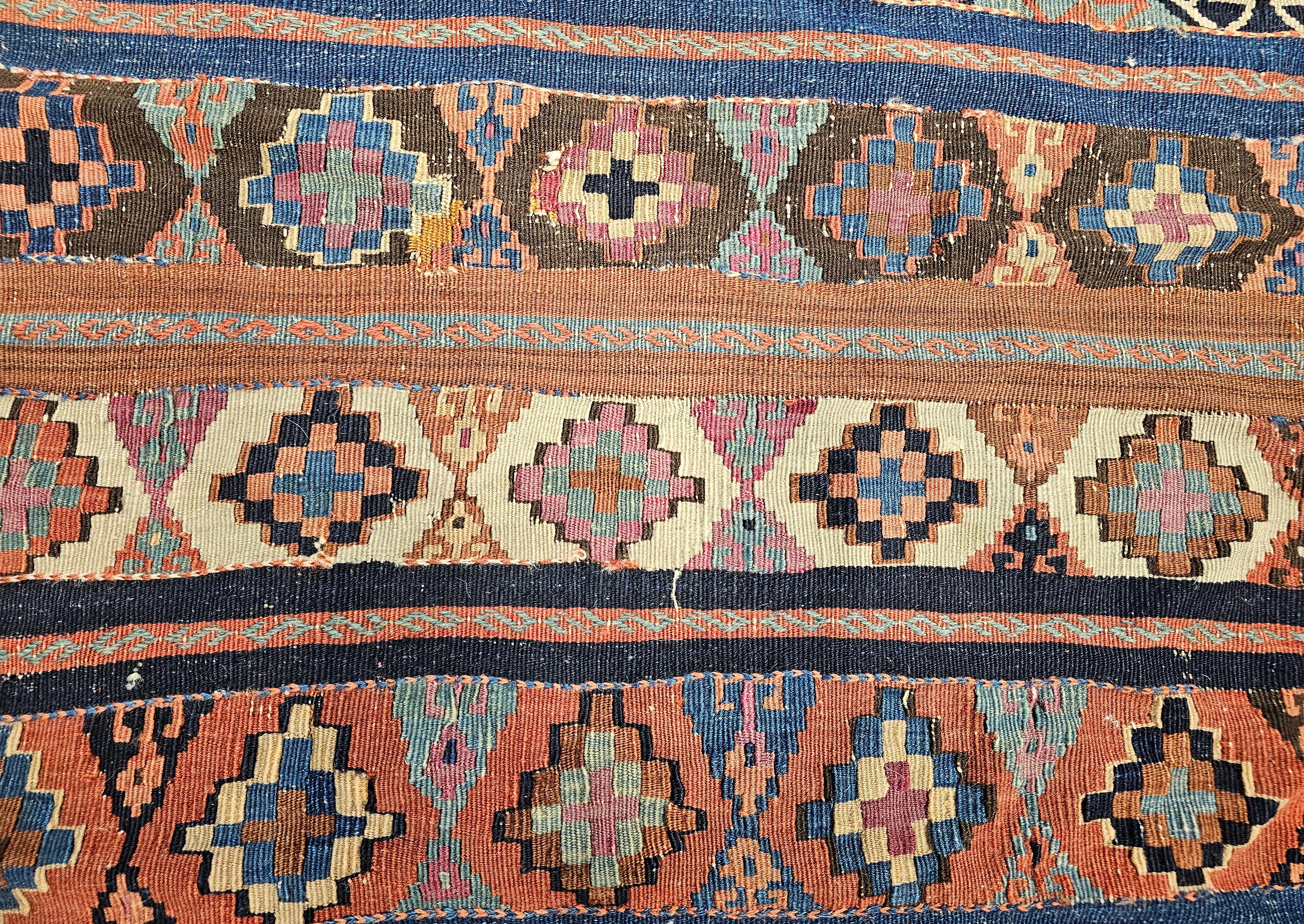 Vintage Caucasian Kilim in Geometric Pattern in Turquoise, Purple, Blue, Ivory For Sale 2