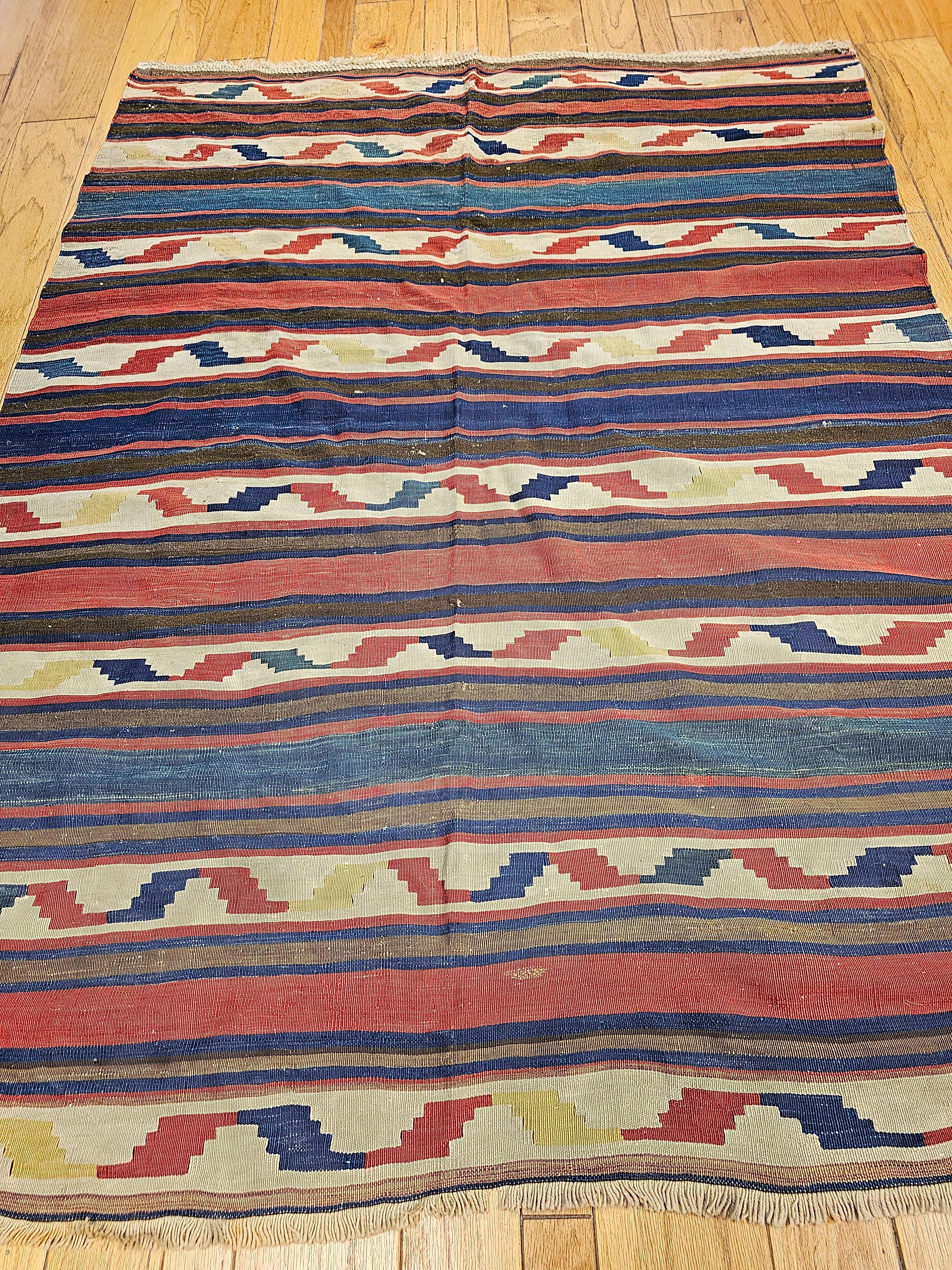 Vintage Caucasian Kilim in Stripe Geometric Pattern in Blue, Brown, Ivory, Brick For Sale 6