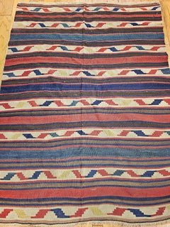 Vintage 1920s Caucasian Kilim Rug, Handwoven Wool, Geometric Stripe Pattern