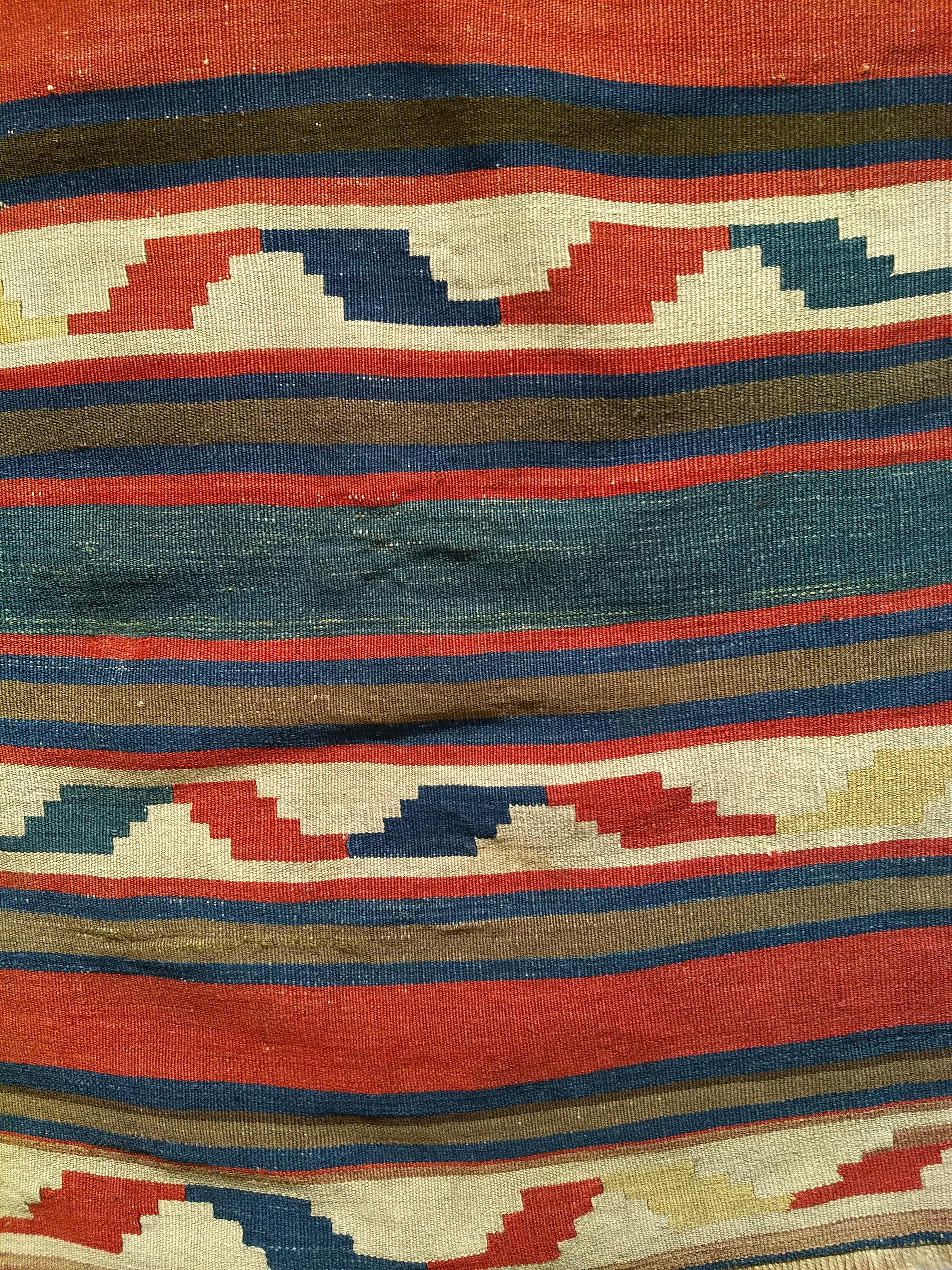 Vegetable Dyed Vintage Caucasian Kilim in Stripe Geometric Pattern in Blue, Brown, Ivory, Brick For Sale