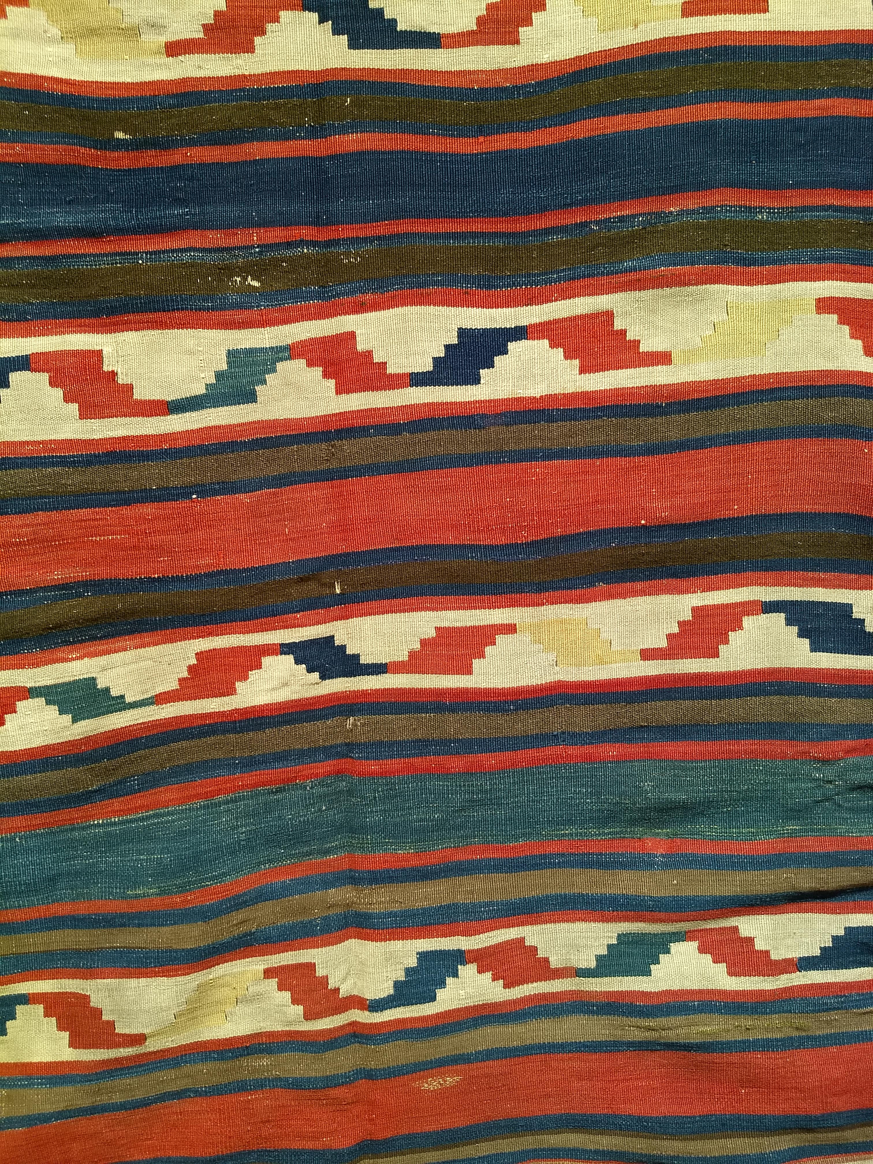 Vintage Caucasian Kilim in Stripe Geometric Pattern in Blue, Brown, Ivory, Brick In Good Condition For Sale In Barrington, IL