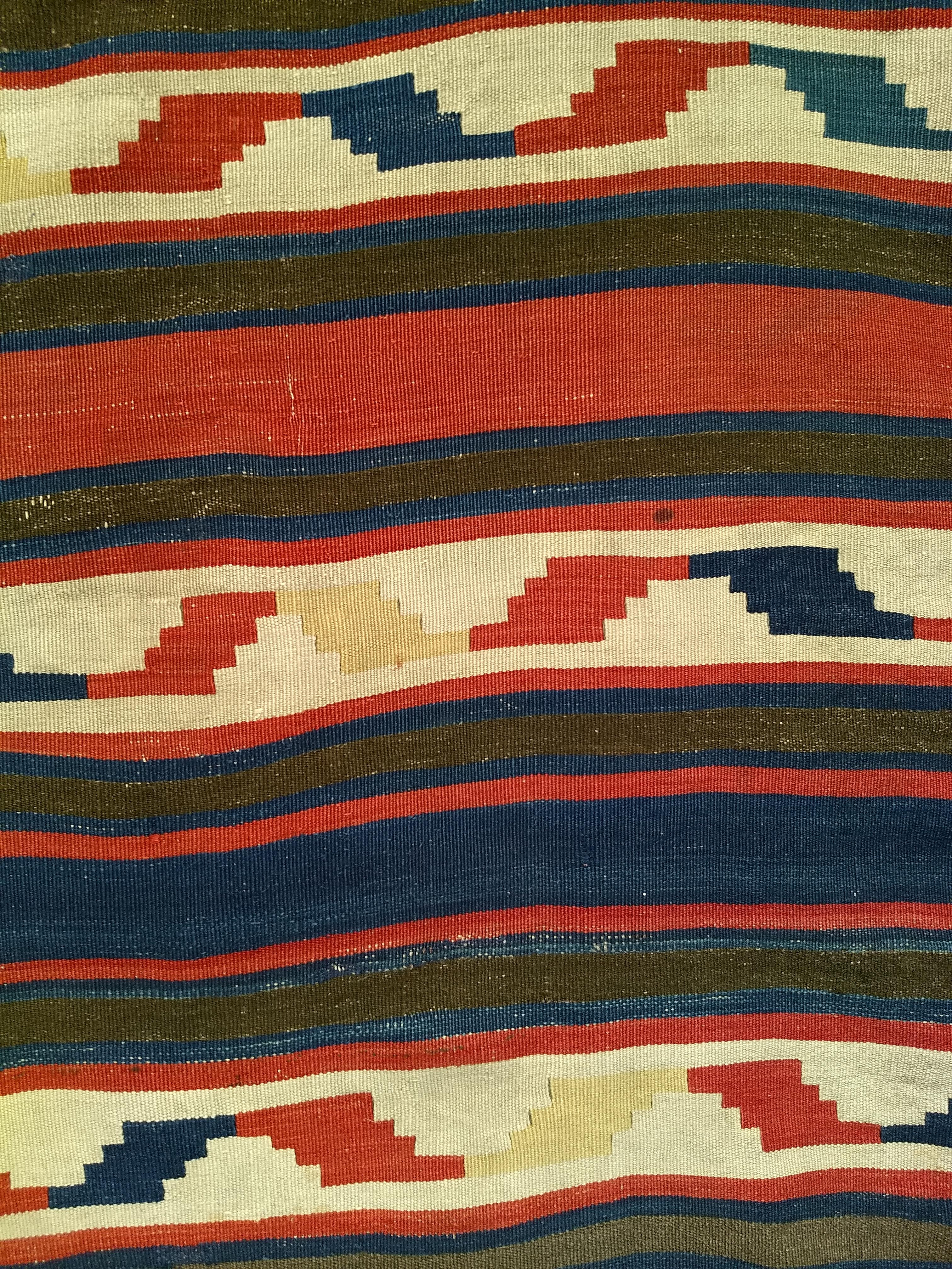 20th Century Vintage Caucasian Kilim in Stripe Geometric Pattern in Blue, Brown, Ivory, Brick For Sale