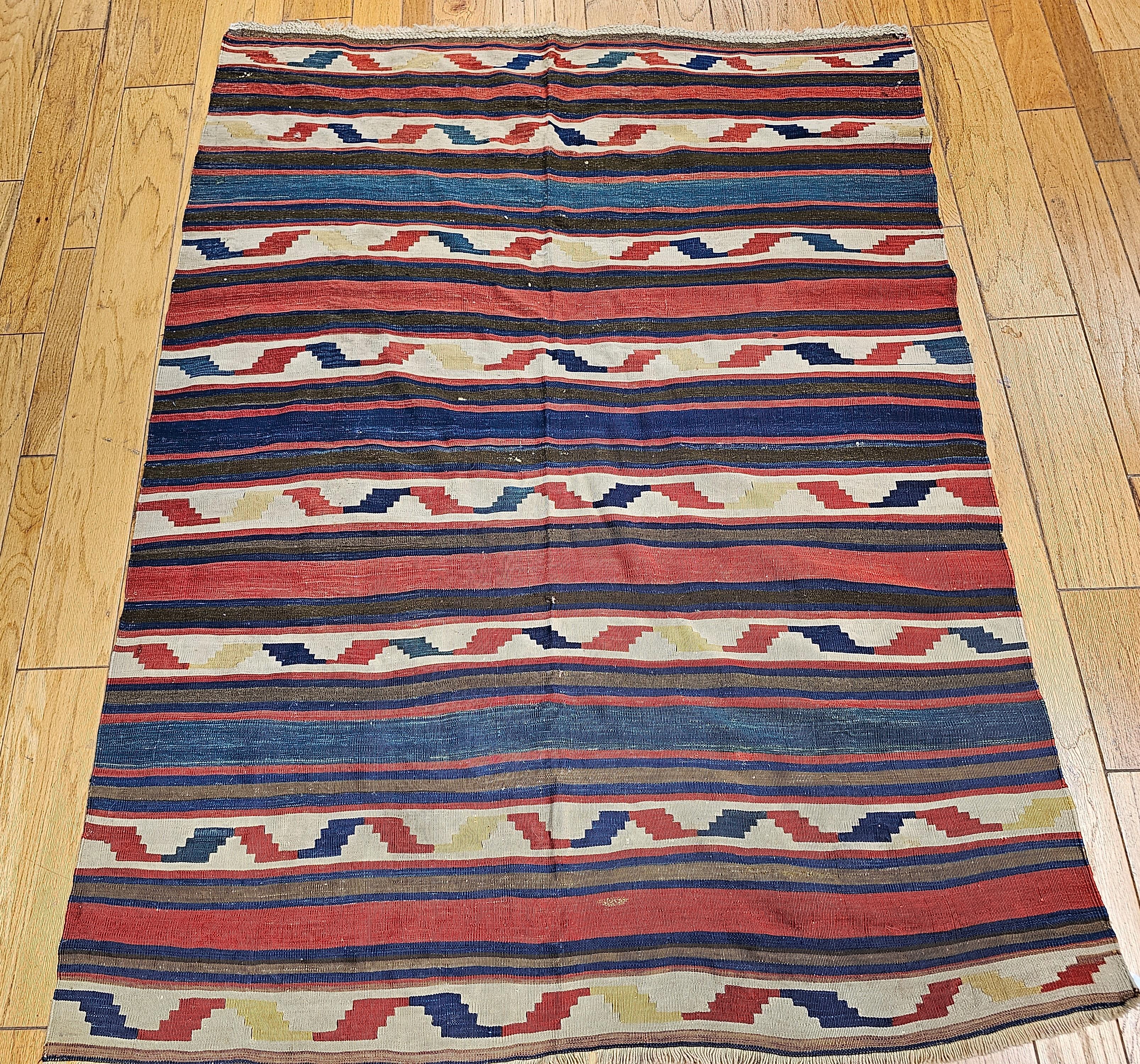 Wool Vintage Caucasian Kilim in Stripe Geometric Pattern in Blue, Brown, Ivory, Brick For Sale