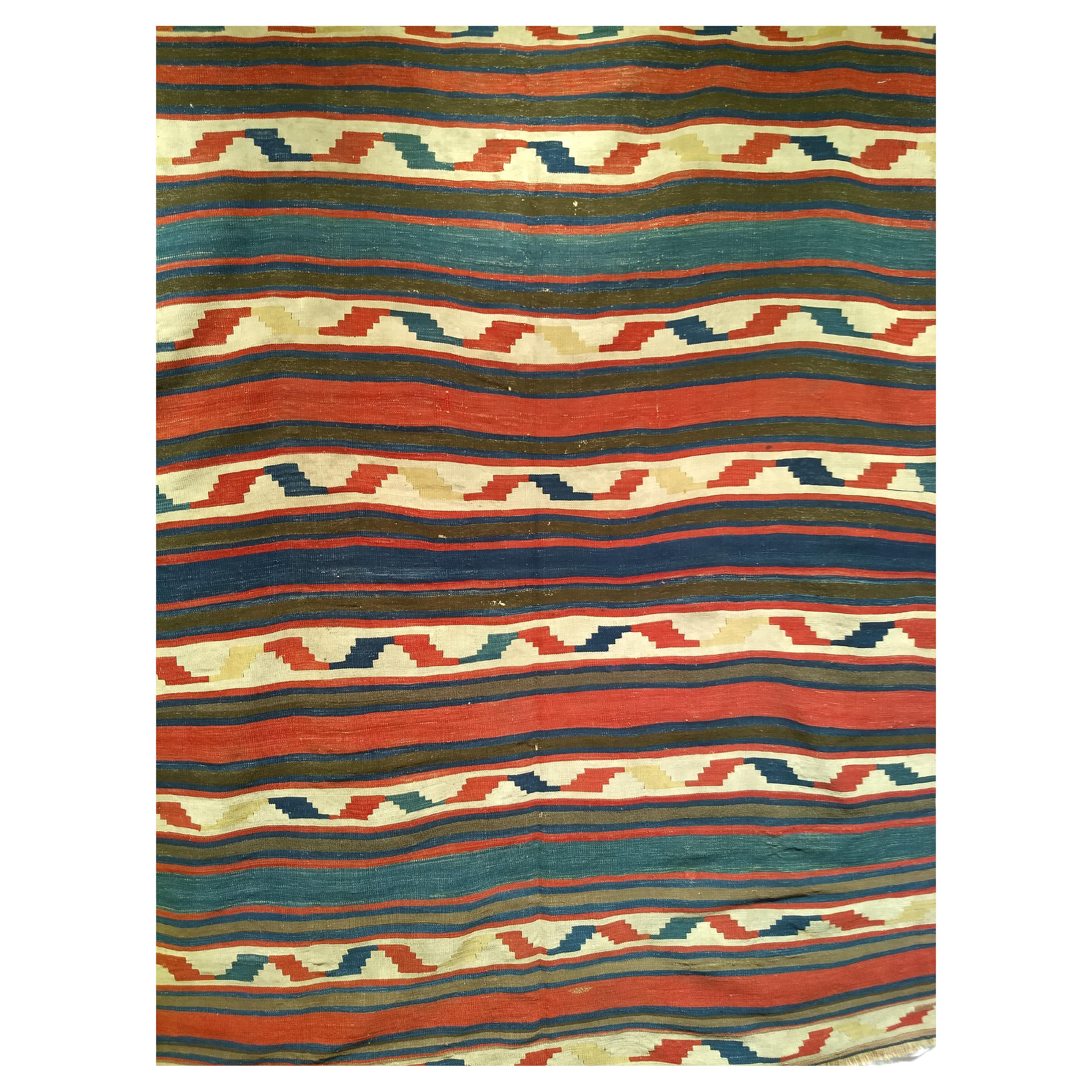 Vintage Caucasian Kilim in Stripe Geometric Pattern in Blue, Brown, Ivory, Brick For Sale