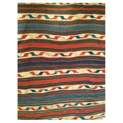 Vintage Caucasian Kilim in Stripe Geometric Pattern in Blue, Brown, Ivory, Brick