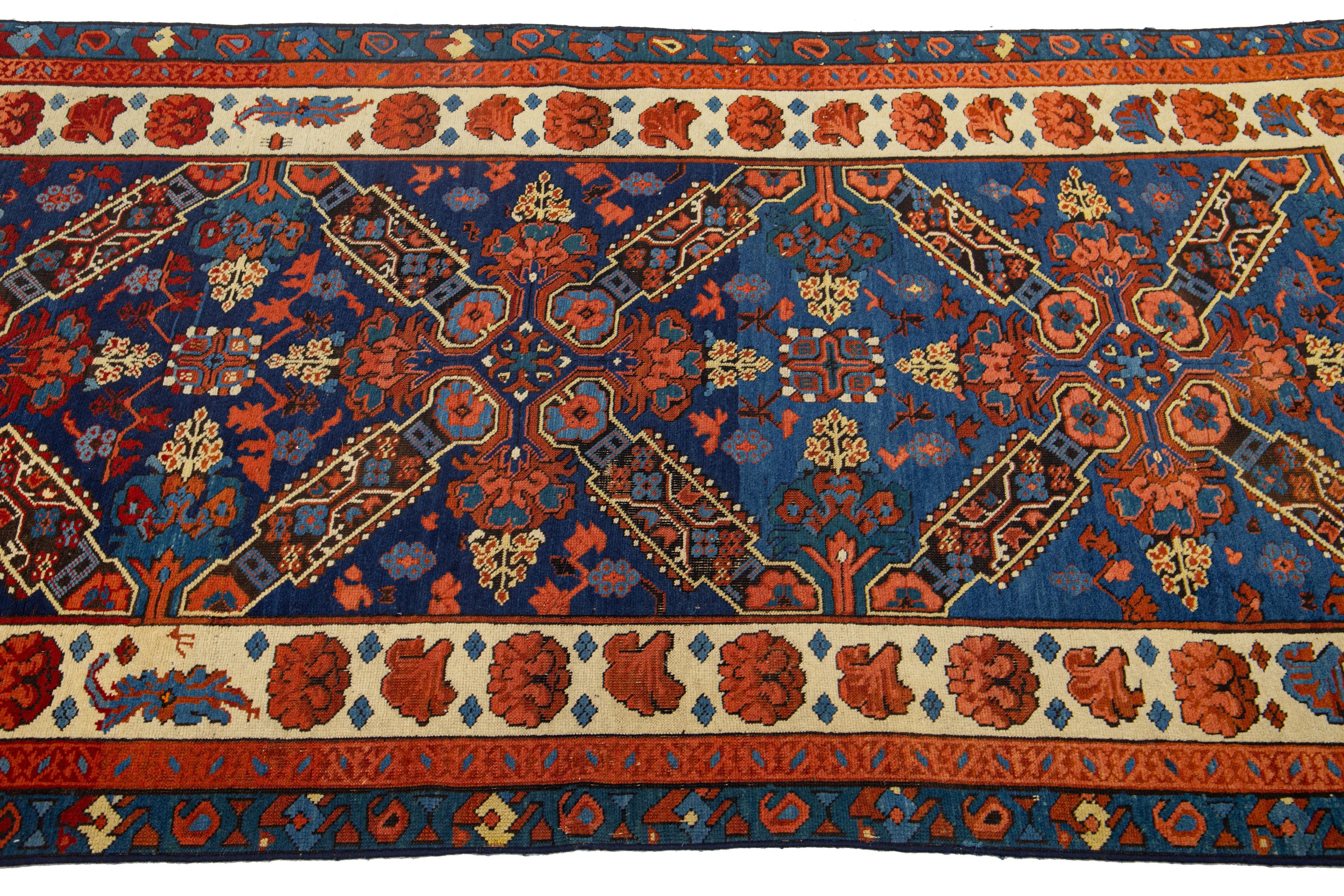 Kazak Vintage Caucasian Seychour  Handmade Wool Rug in Navy Blue With Tribal Motif For Sale