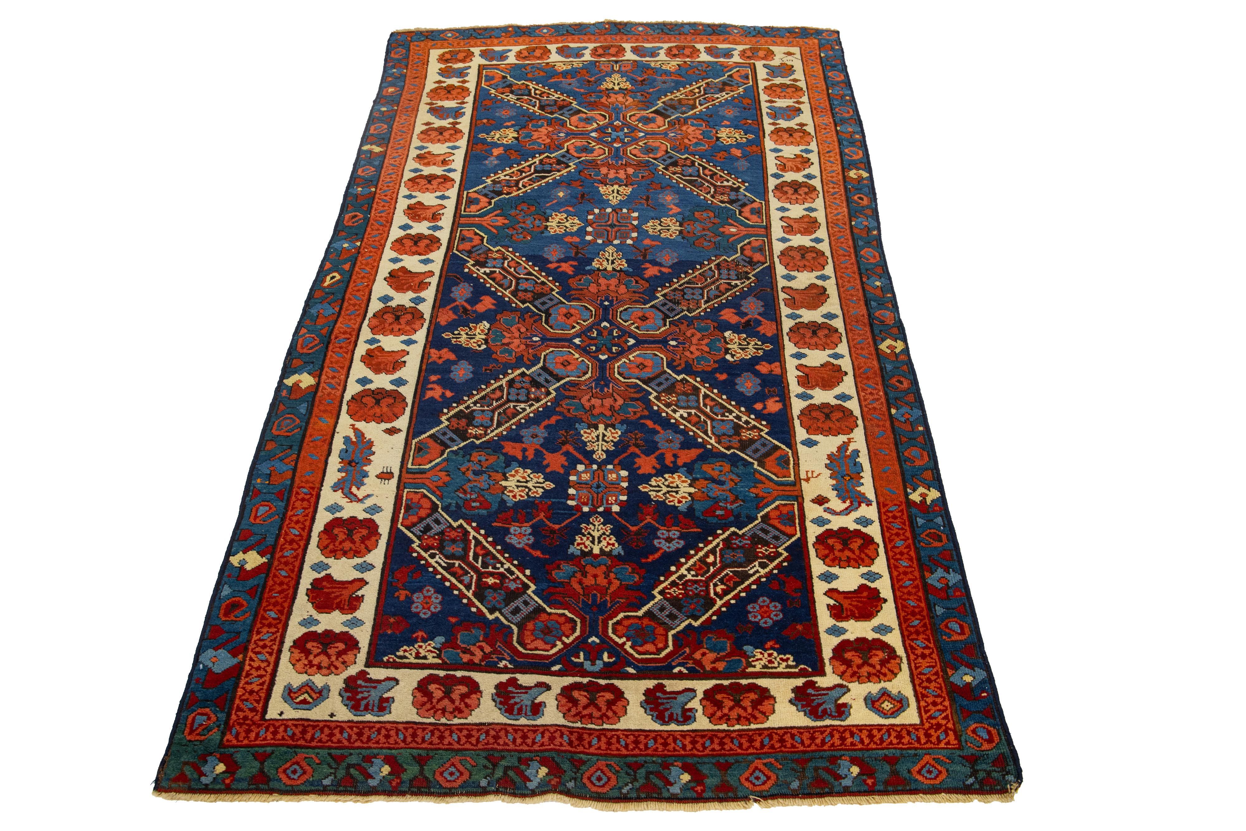 Vintage Caucasian Seychour  Handmade Wool Rug in Navy Blue With Tribal Motif In Excellent Condition For Sale In Norwalk, CT