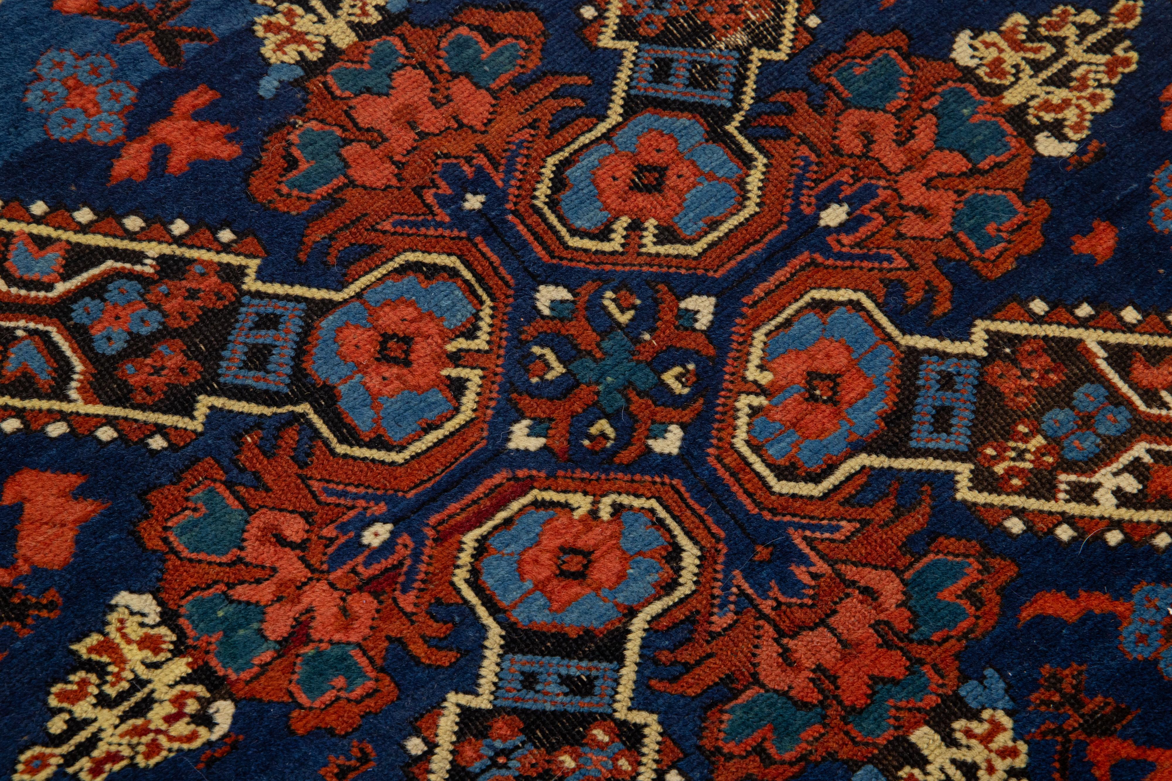 Vintage Caucasian Seychour  Handmade Wool Rug in Navy Blue With Tribal Motif For Sale 1