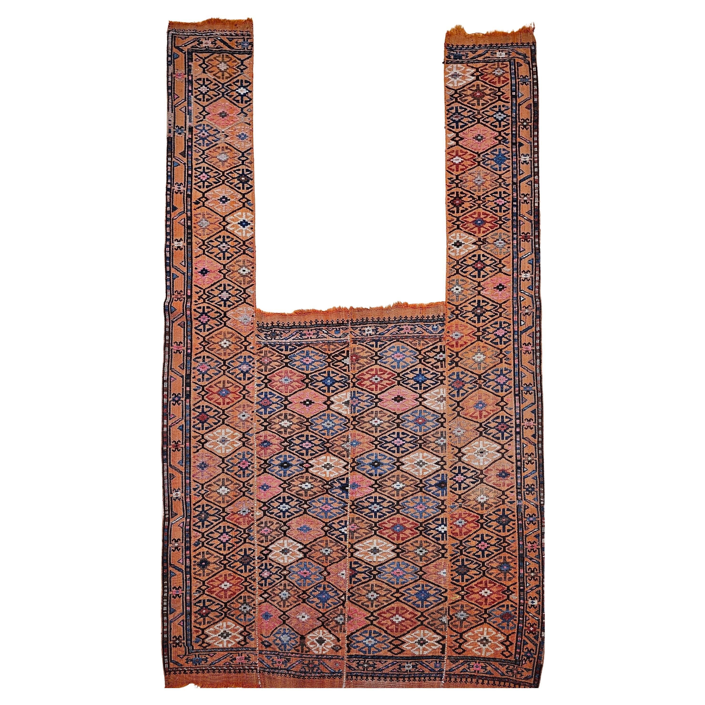 Vintage Caucasian Soumak Saddle Blanket in Pumpkin, Blue