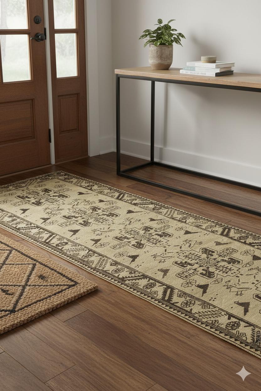 Vintage Kaukasischen Stammes-Wolle Läufer, 3 ft × 9 ft, Beige und Braun Ge (Afghanisch) im Angebot