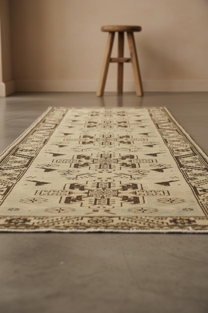 Dieser kaukasische Stammesläufer im Vintage-Stil zeigt den für die Region charakteristischen geometrischen Stil, der hier durch ein sich wiederholendes Motiv aus gestuften Medaillons und symbolischen Formen in erdigem Braun auf einem weichen beigen