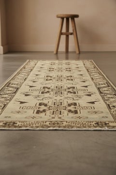 Vintage Caucasian Tribal Wool Runner, 3 ft× 9 ft, Beige and Brown