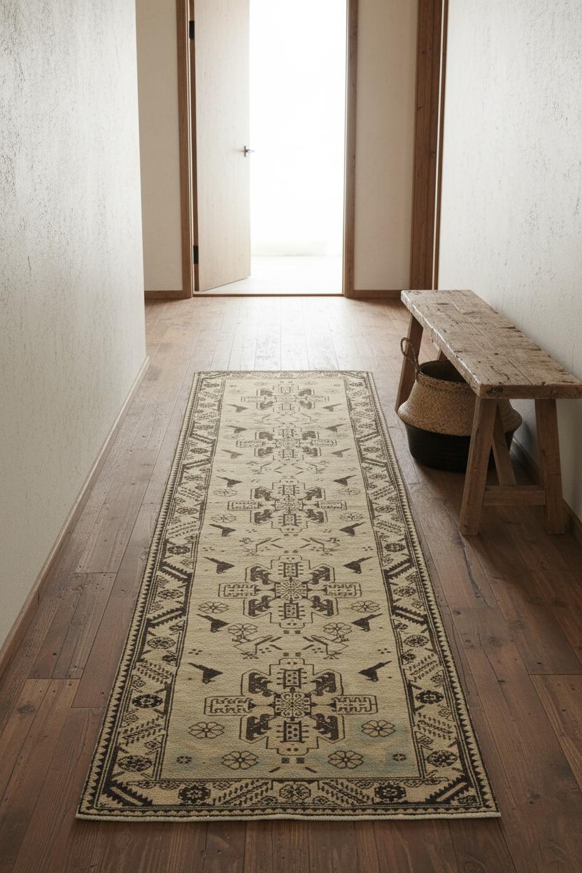 Vintage Kaukasischen Stammes-Wolle Läufer, 3 ft × 9 ft, Beige und Braun Ge (Stammeskunst) im Angebot