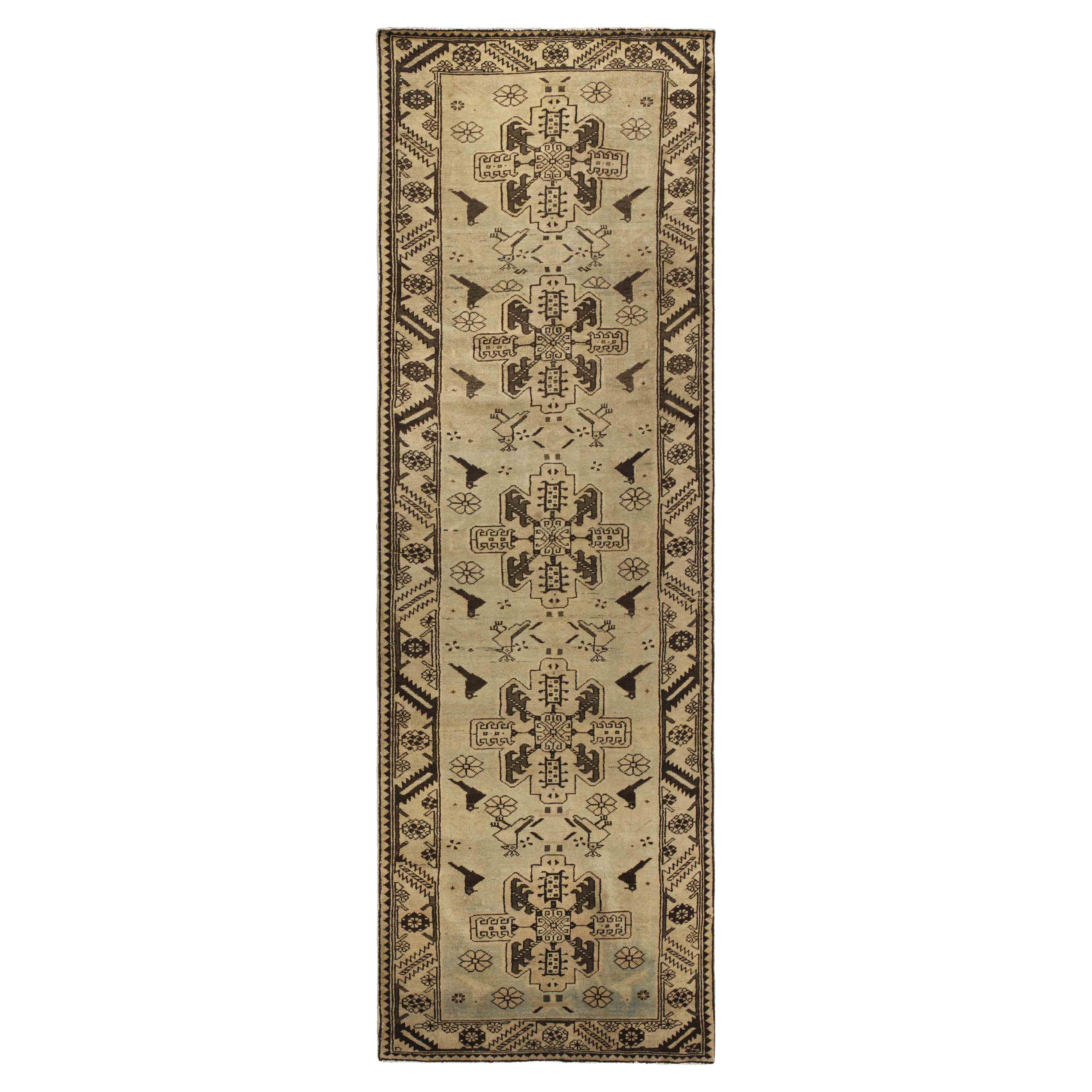 Vintage Kaukasischen Stammes-Wolle Läufer, 3 ft × 9 ft, Beige und Braun Ge