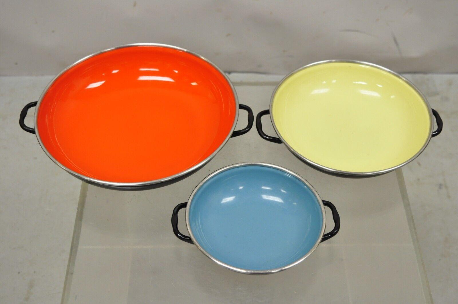 Mid-Century Modern Vintage Cavalier Italy Enamelware Cookware Pans Set Blue Red Yellow - Set of 3