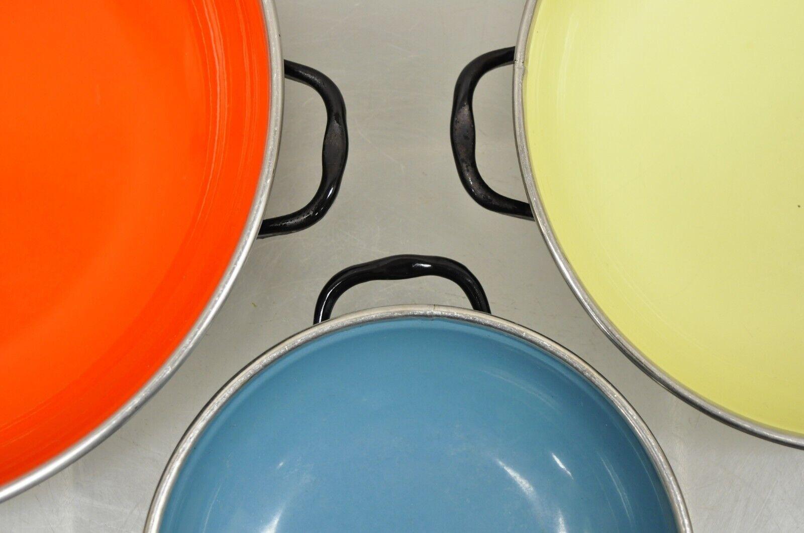 20th Century Vintage Cavalier Italy Enamelware Cookware Pans Set Blue Red Yellow - Set of 3
