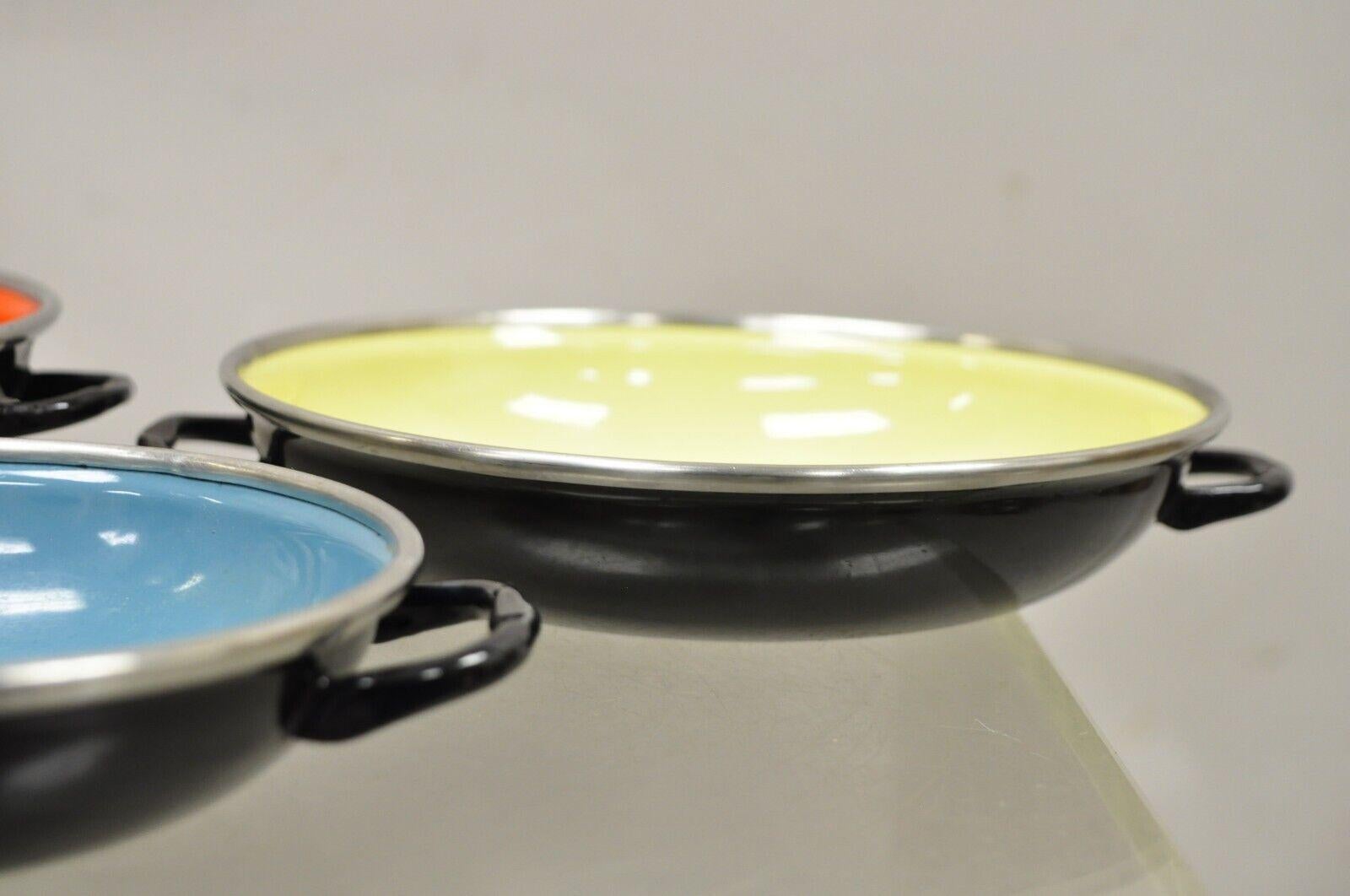 Vintage Cavalier Italy Enamelware Cookware Pans Set Blue Red Yellow - Set of 3 2