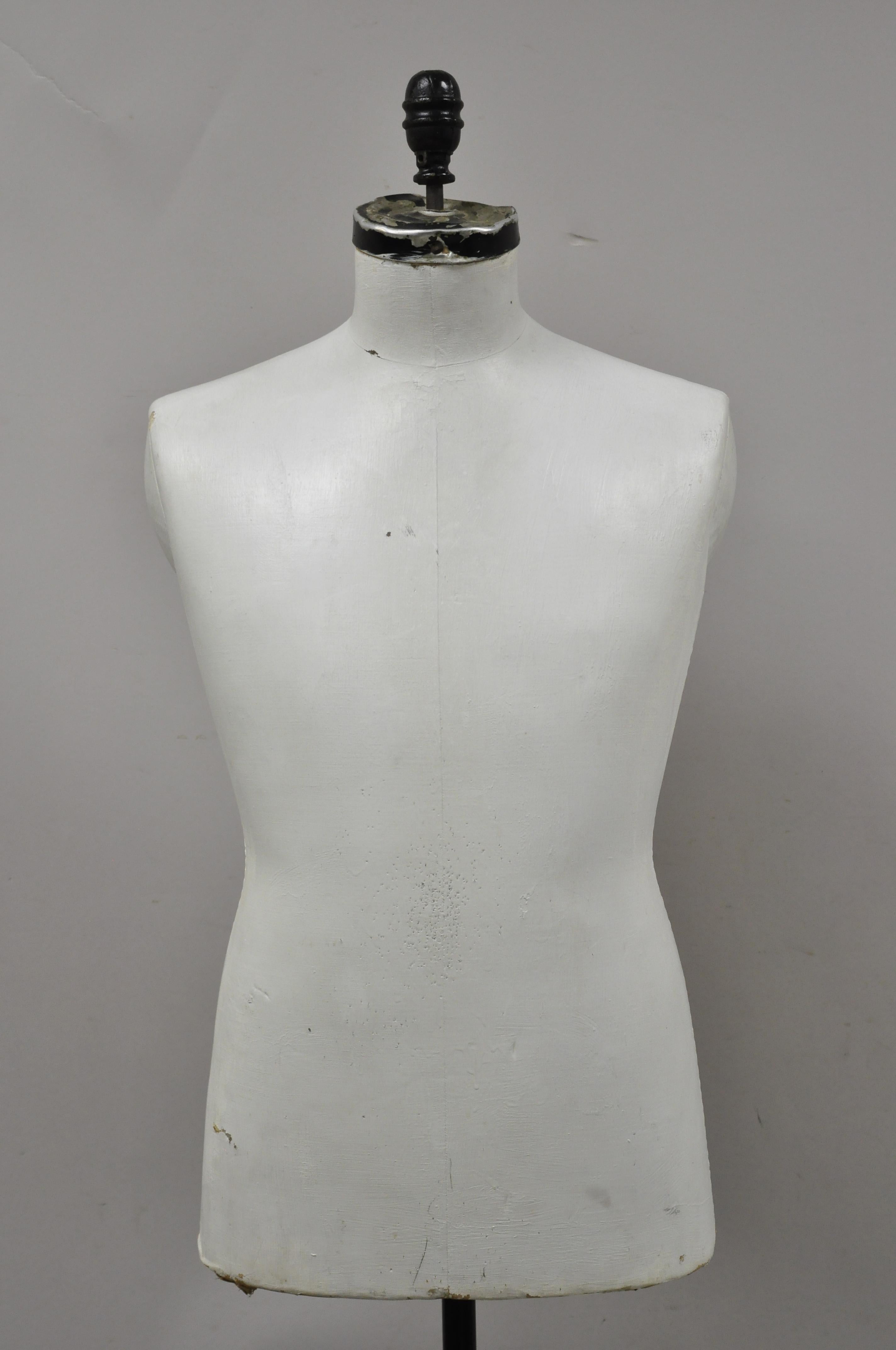 Vintage Cavanaugh Model Male dress form mannequin cast iron display. Item features white painted canvas male body, adjustable height cast iron base on wheels, original stamp, very nice vintage item, quality American craftsmanship, great style and