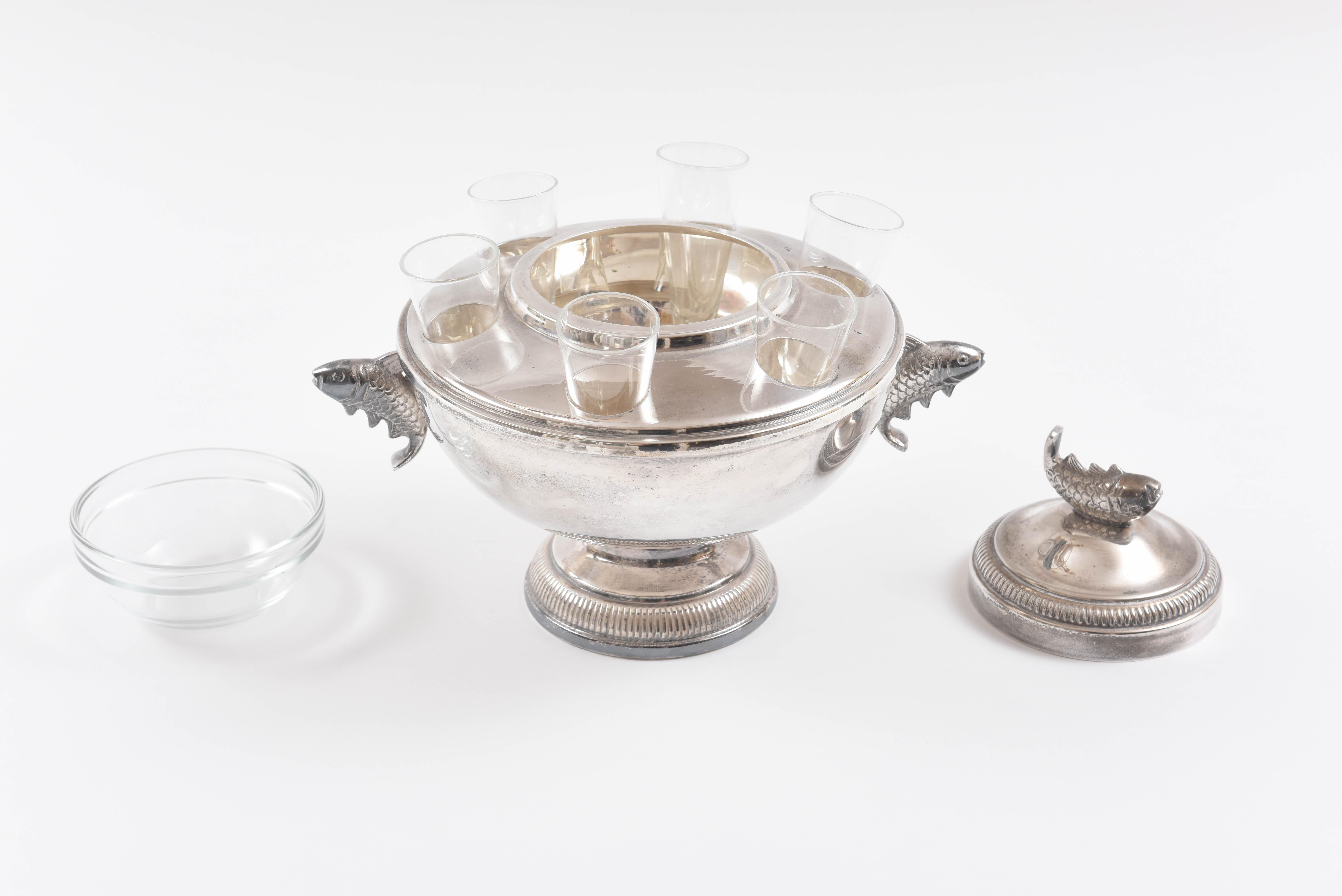 Czech Vintage Caviar & Vodka Server, Silver Plate and Glass with Figural Fish Handles
