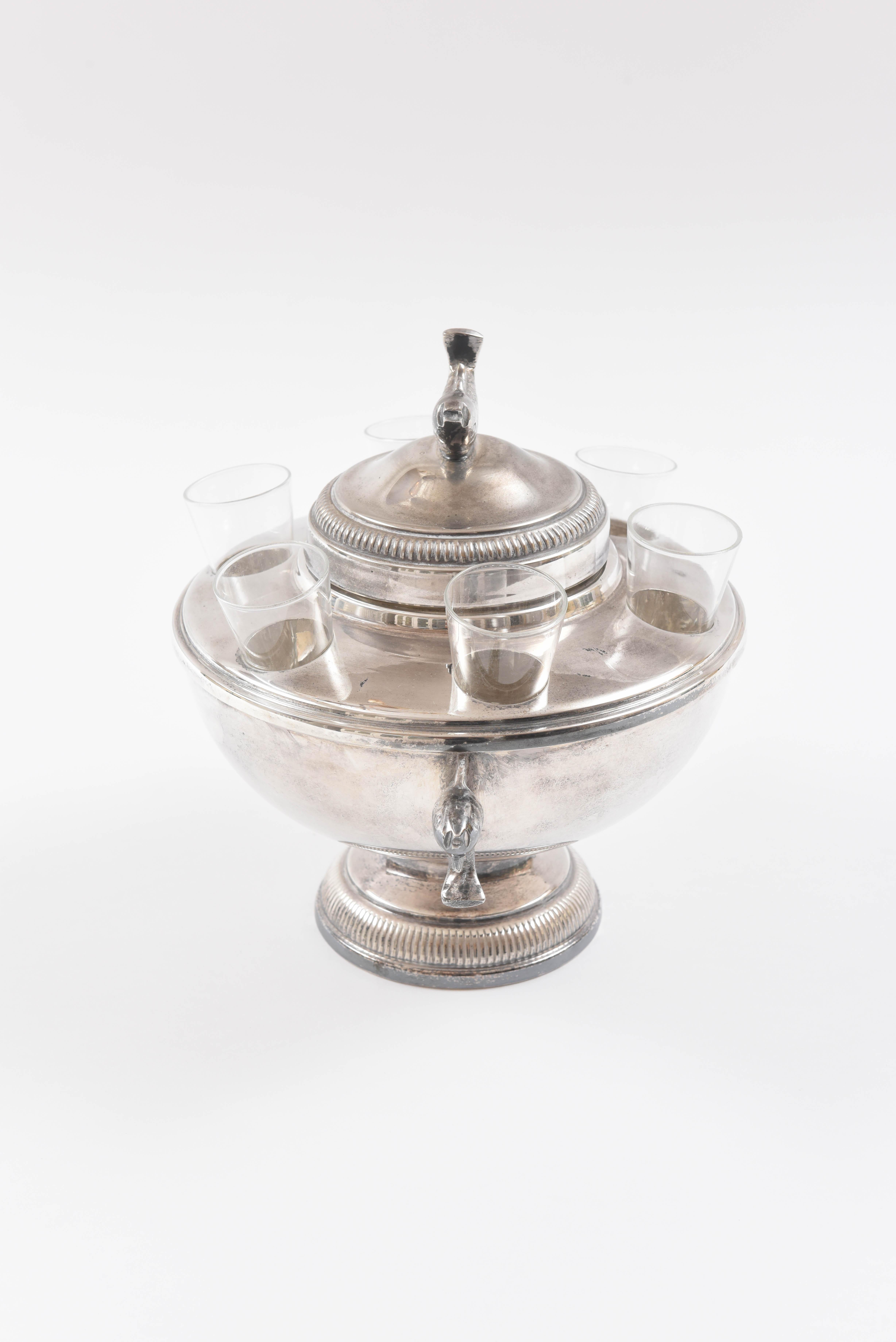 Vintage Caviar & Vodka Server, Silver Plate and Glass with Figural Fish Handles In Good Condition In West Palm Beach, FL