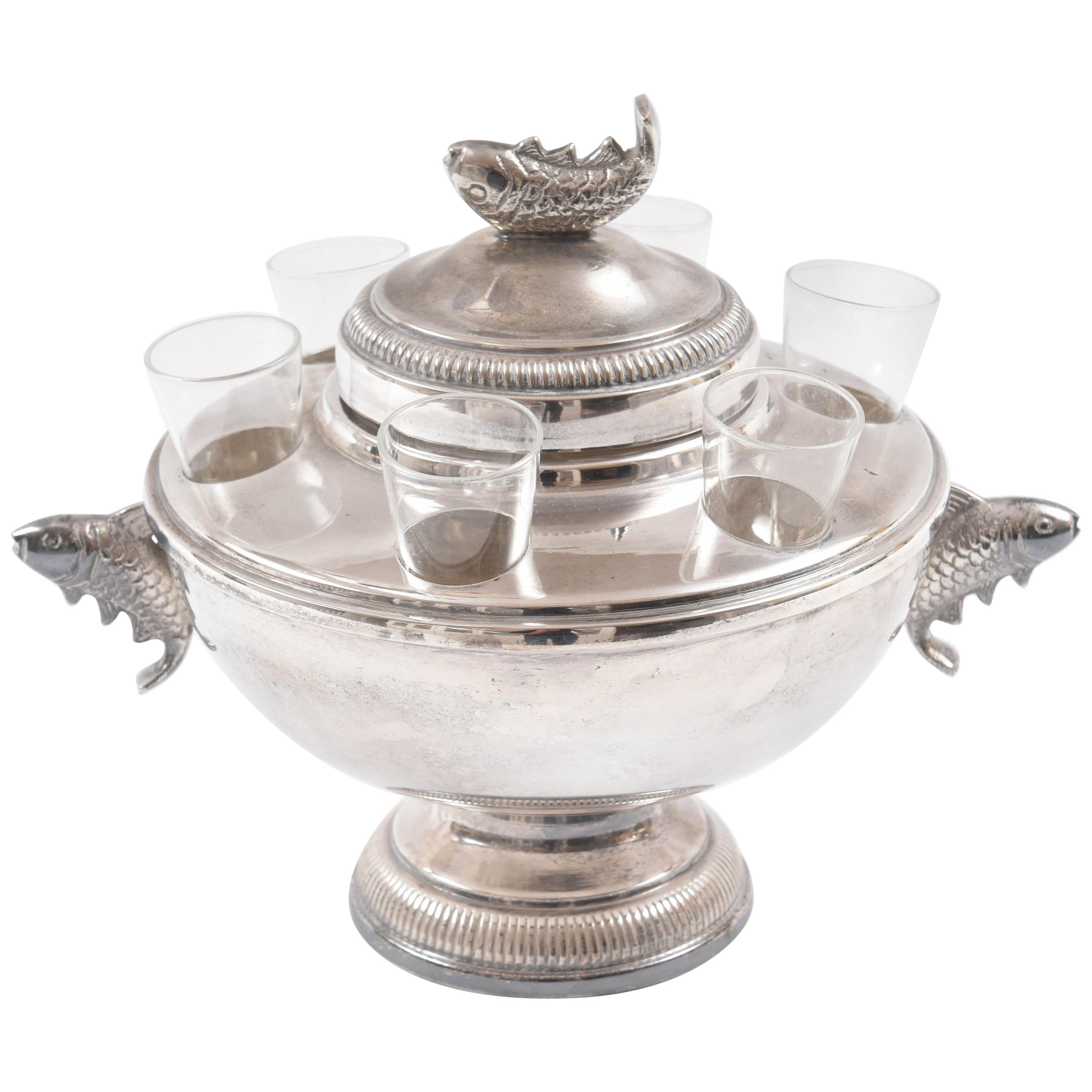Vintage Caviar & Vodka Server, Silver Plate and Glass with Figural Fish Handles