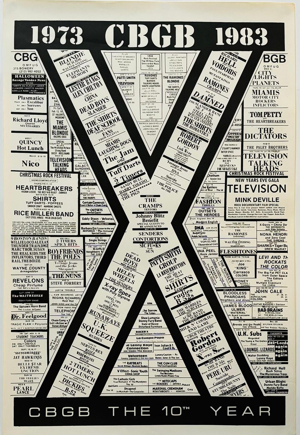 Seltenes Vintage-Originalposter des CBGB-Clubs, das 1983 anlässlich des 10-jährigen Bestehens des historischen Lokals veröffentlicht wurde. 

Offsetlithographie. 1983.
Maße: 23x35 Zoll.
Insgesamt guter Vintage-Zustand. Nicht signiert. 

Das 1973 von