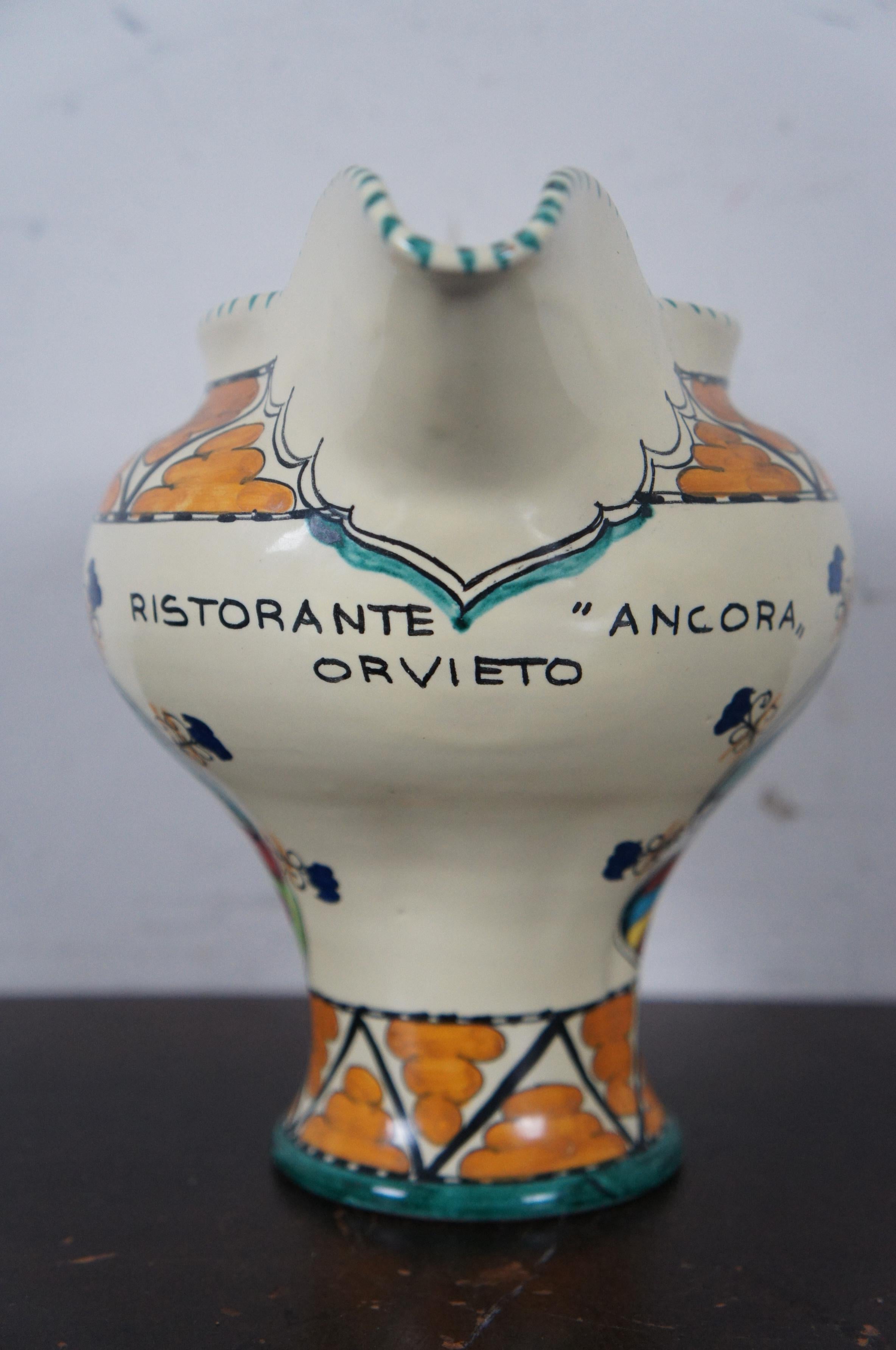 Folk Art Vintage Cecconi Orvieto Italian Ceramic Ice Lip Pitcher Jug Ristorante Ancora