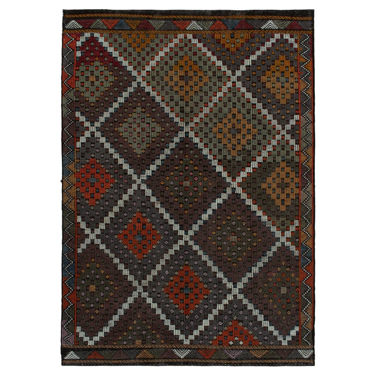Vintage Kilim in Blue, Multicolor Embroidered Geometric Patterns by Rug