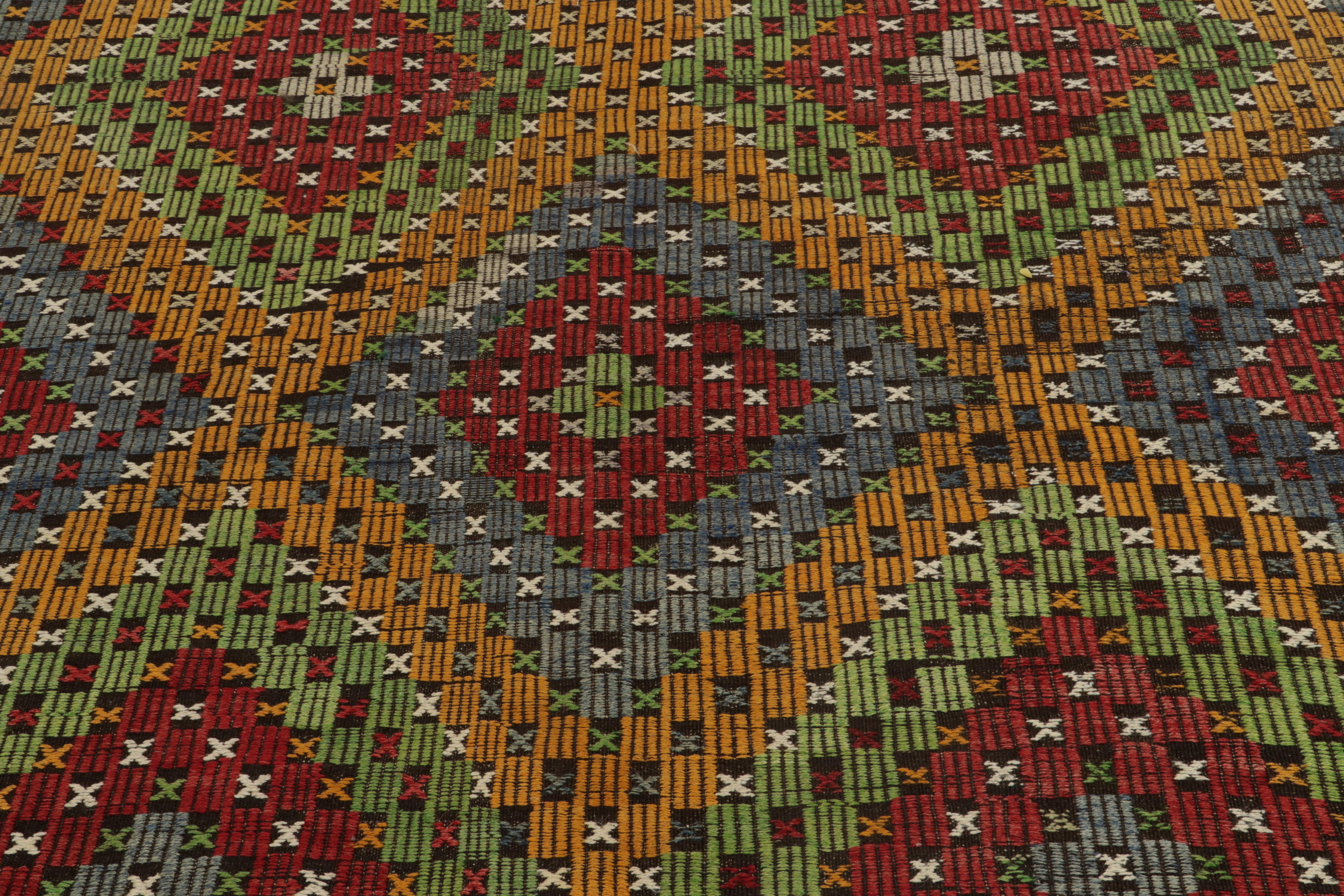 Hand-Knotted Vintage Kilim in Green, Gold, Red Blue Tribal Geometric Pattern by Rug & Kilim For Sale
