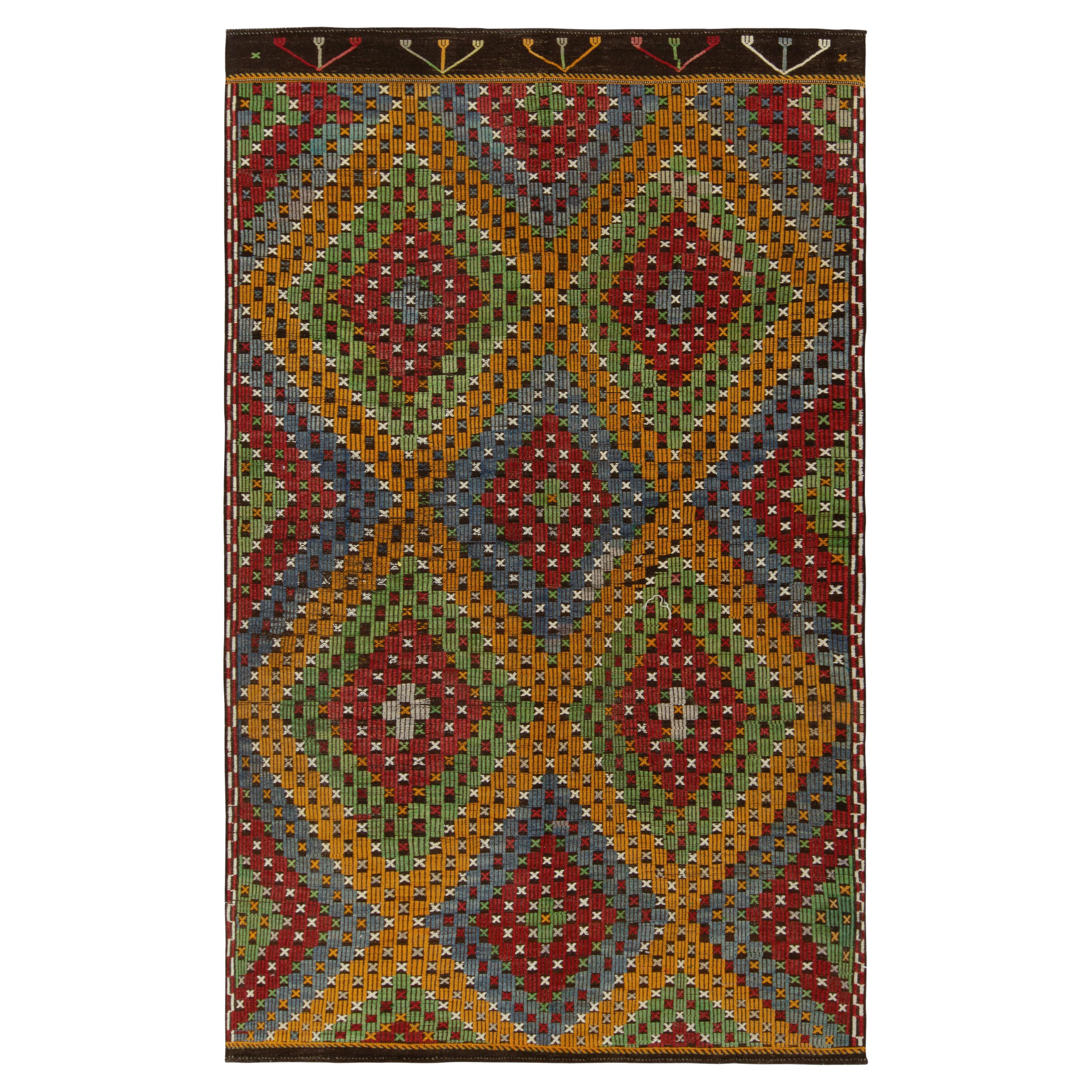 Vintage Kilim in Green, Gold, Red Blue Tribal Geometric Pattern by Rug & Kilim For Sale