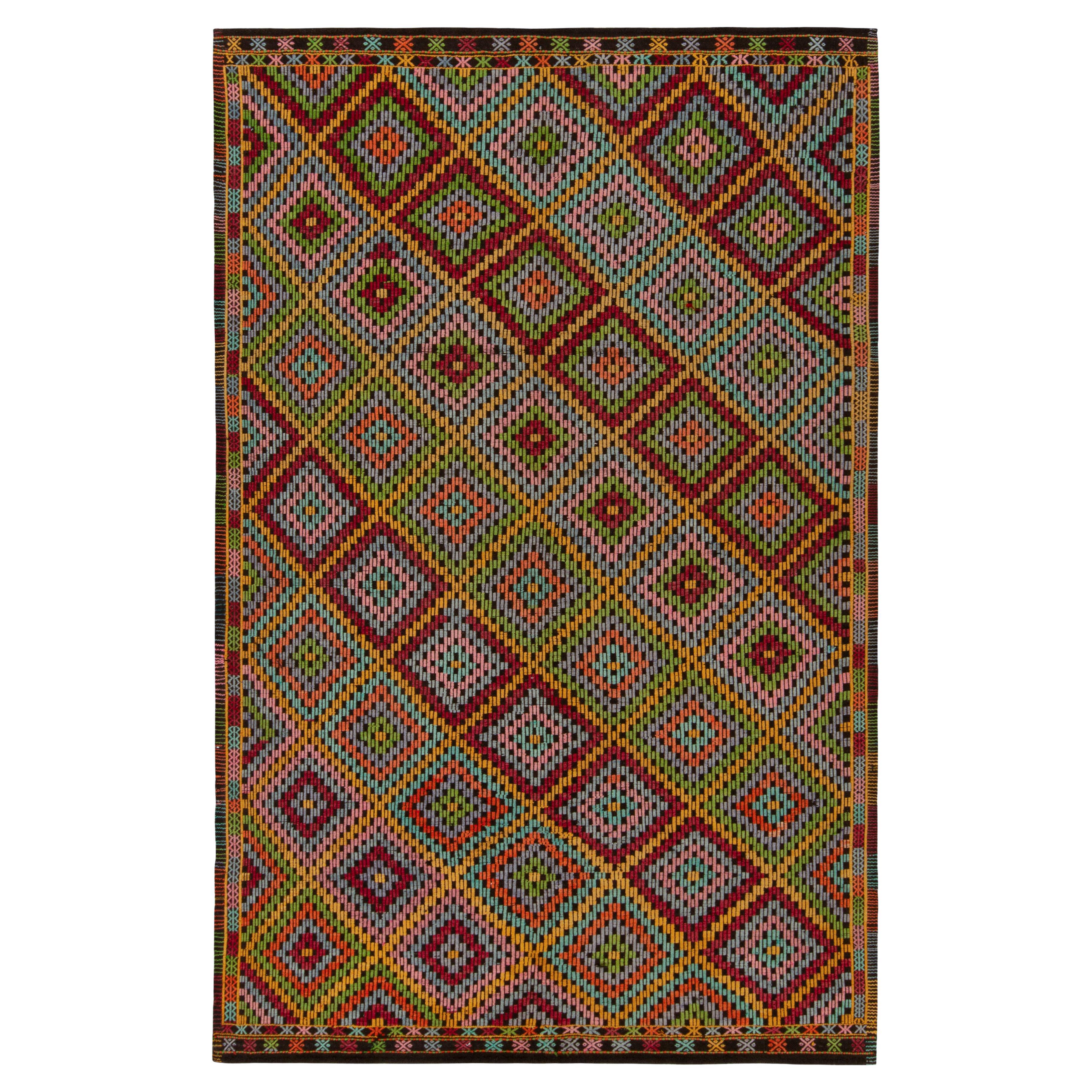 Vintage Cecim Kilim in Vivid Multicolor Tribal Pattern, Diamond by Rug & Kilim For Sale