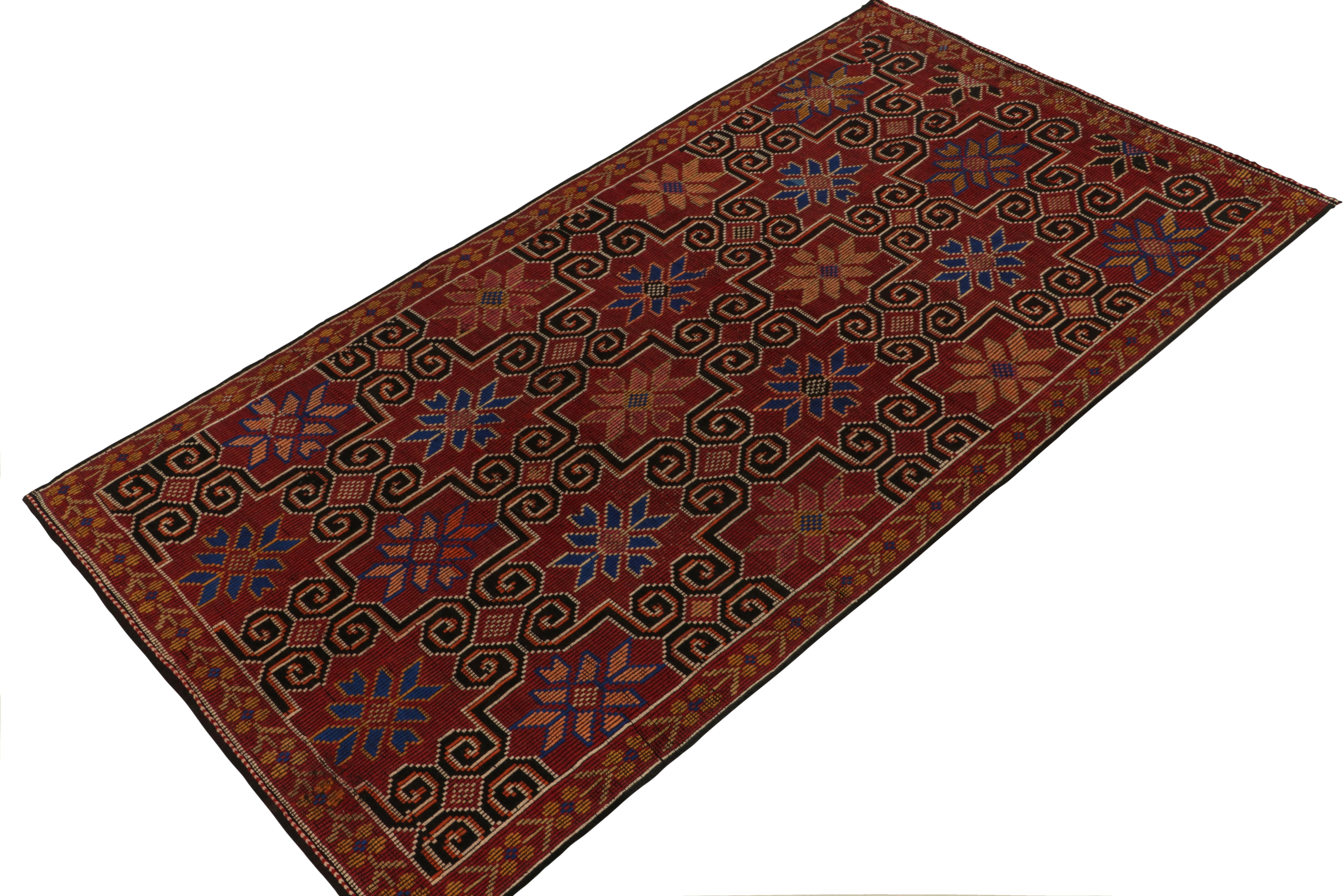 Turkish Vintage Cecim Kilim Rug in Red and Blue Tribal Floral Pattern by Rug & Kilim For Sale