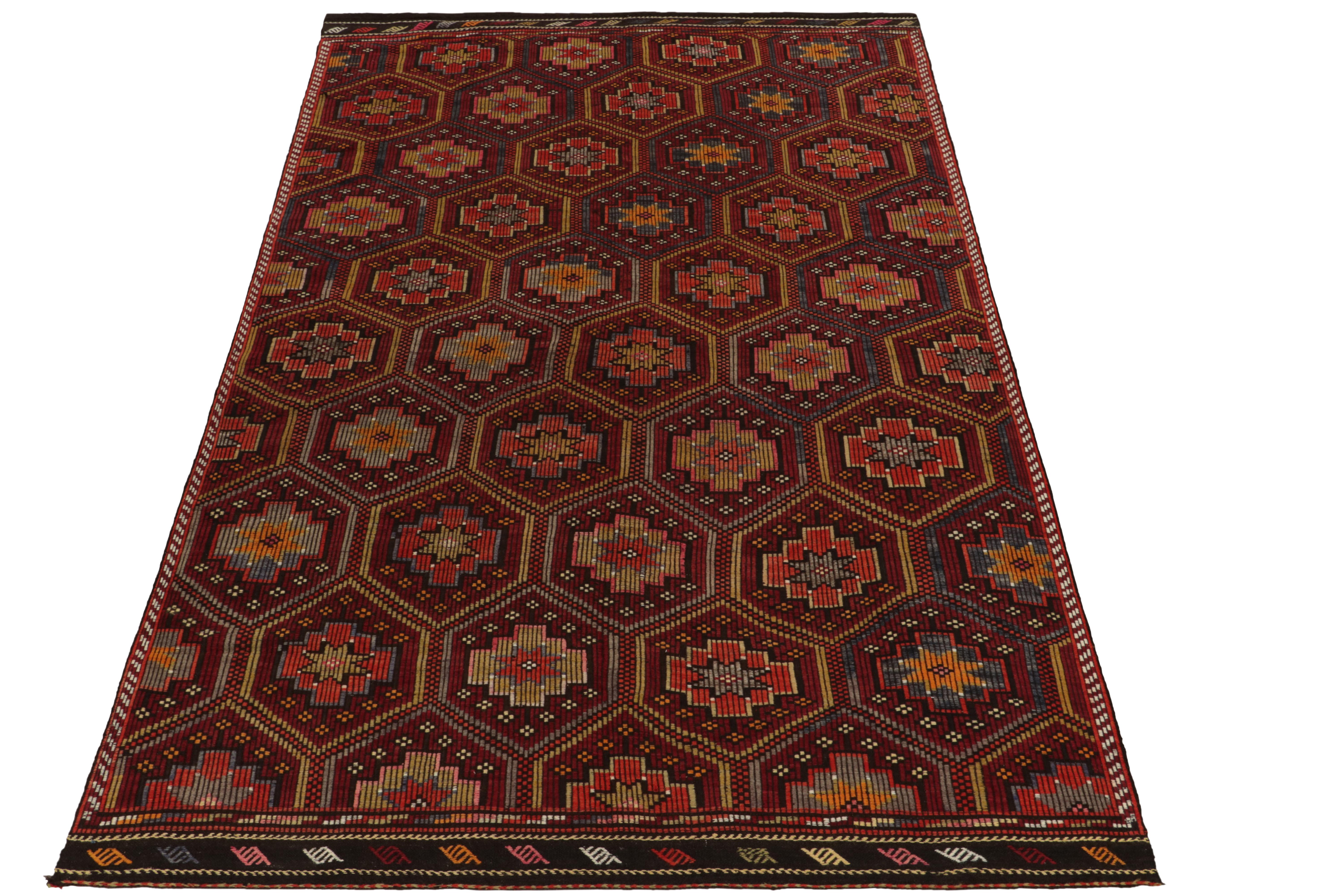 Carrying rich Kurdish inspiration, a mid-century Cecim kilim rug entering our flat weave collection. This 6x10 rug of Anatolian attitudes revels in impeccable embroidery & detailing in design. Reading on the tribal sensibilities of the 1950s, the