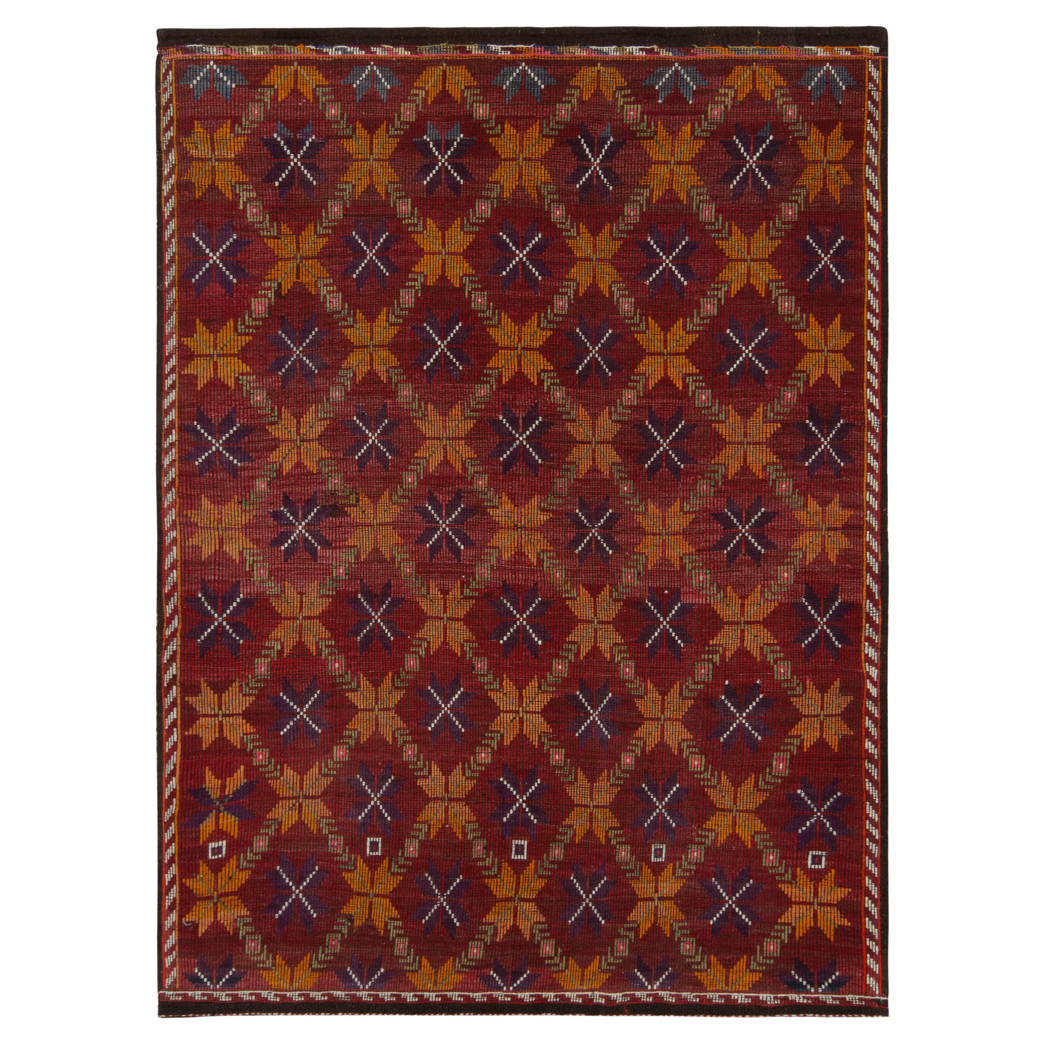 Vintage Cecim Kilim Rug in Red Orange Tribal Geometric Pattern by Rug & Kilim