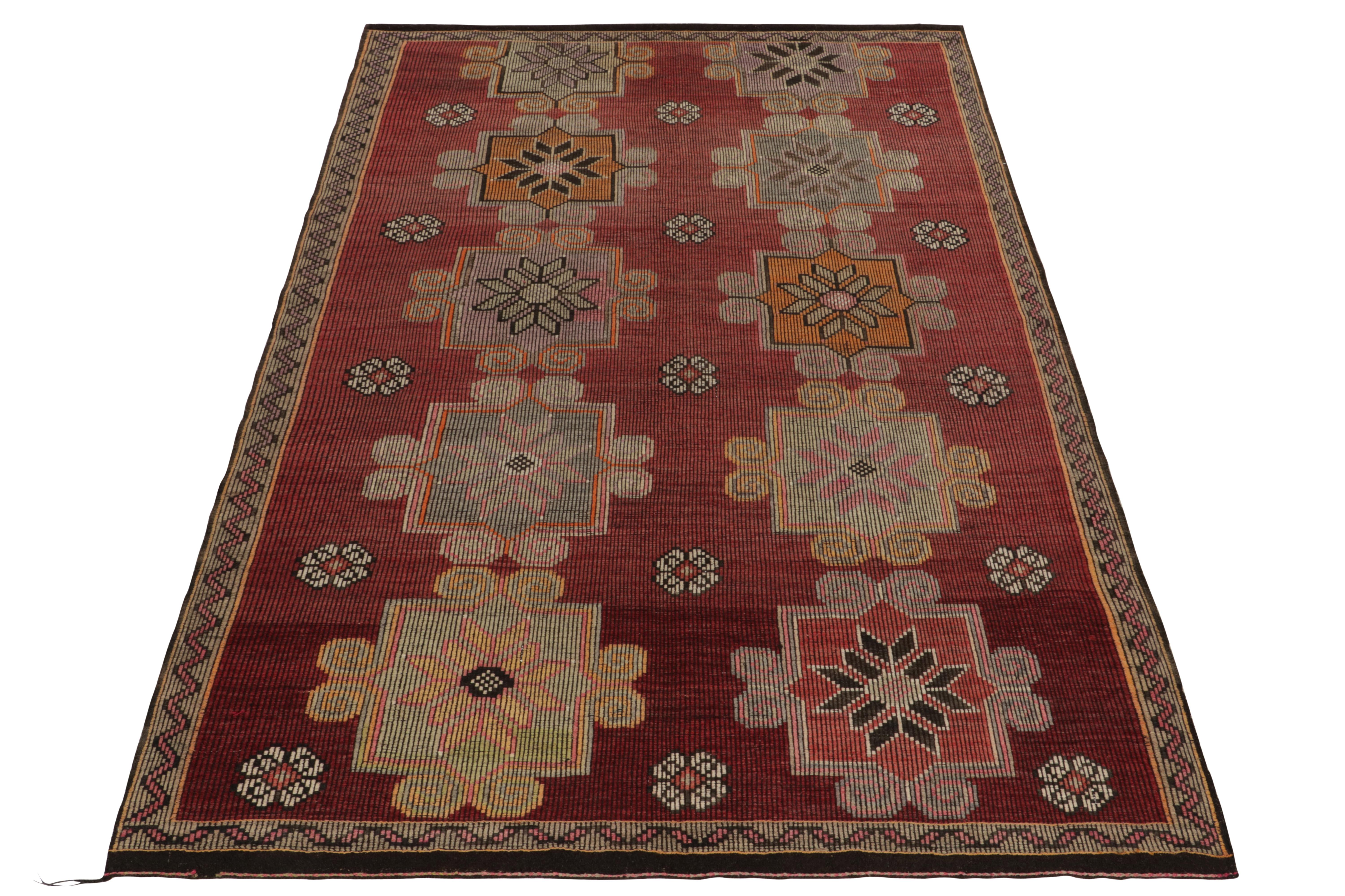 From the renowned Kurdish style, this 6x10 vintage Cecim kilim enjoys a coveted position in our newest flatweave curations. This particular mid-century flatweave rug from Turkey enjoys impeccable embroidery & detailing in rich red, orange, brown &