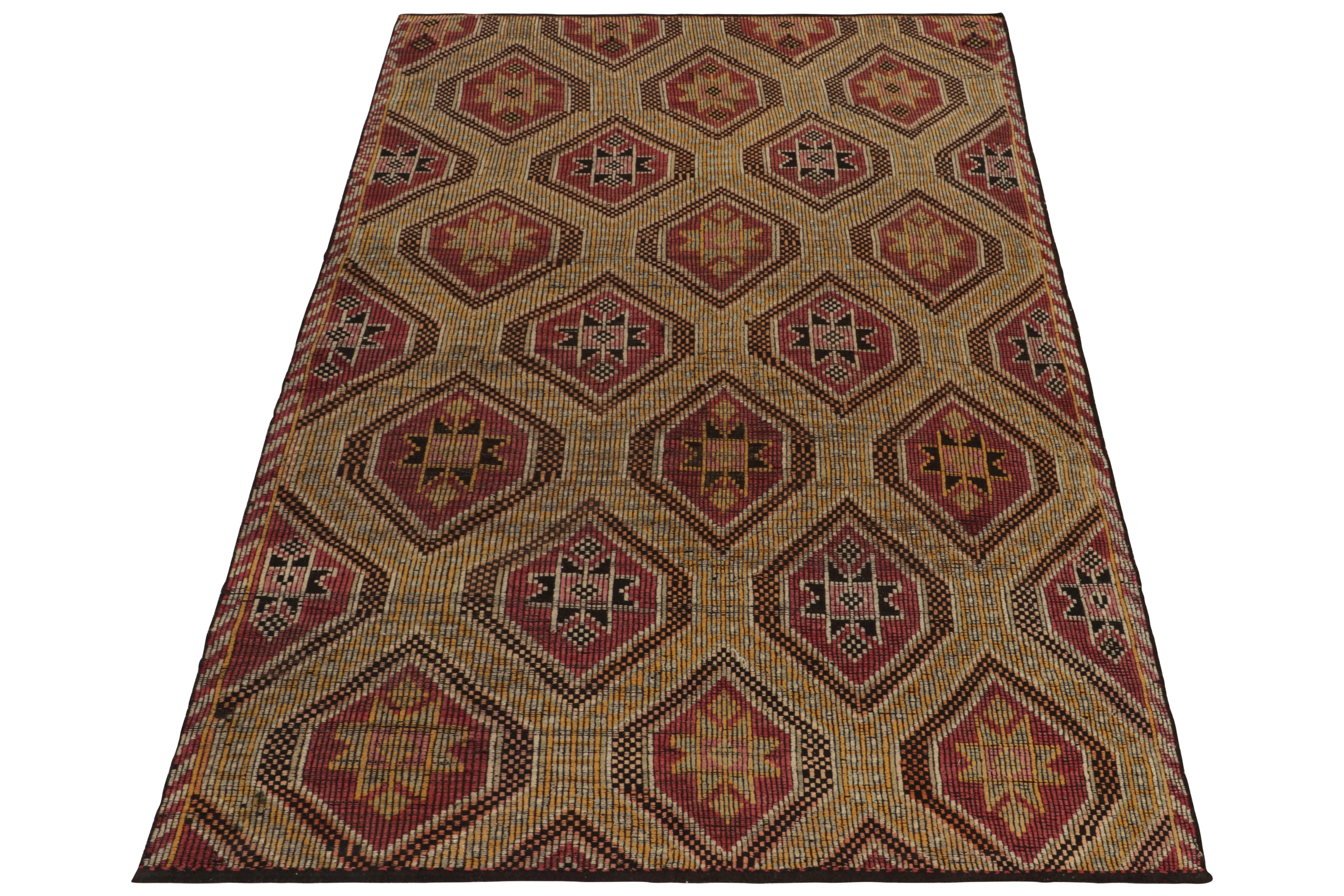 Among the celebrated Kurdish styles, this vintage 6x9 Cecim kilim rug enjoys a special place in our flatweave collection. This particular mid-century rug from Turkey enjoys impeccable embroidery & detailing in rich red, gold & beige-brown with deep
