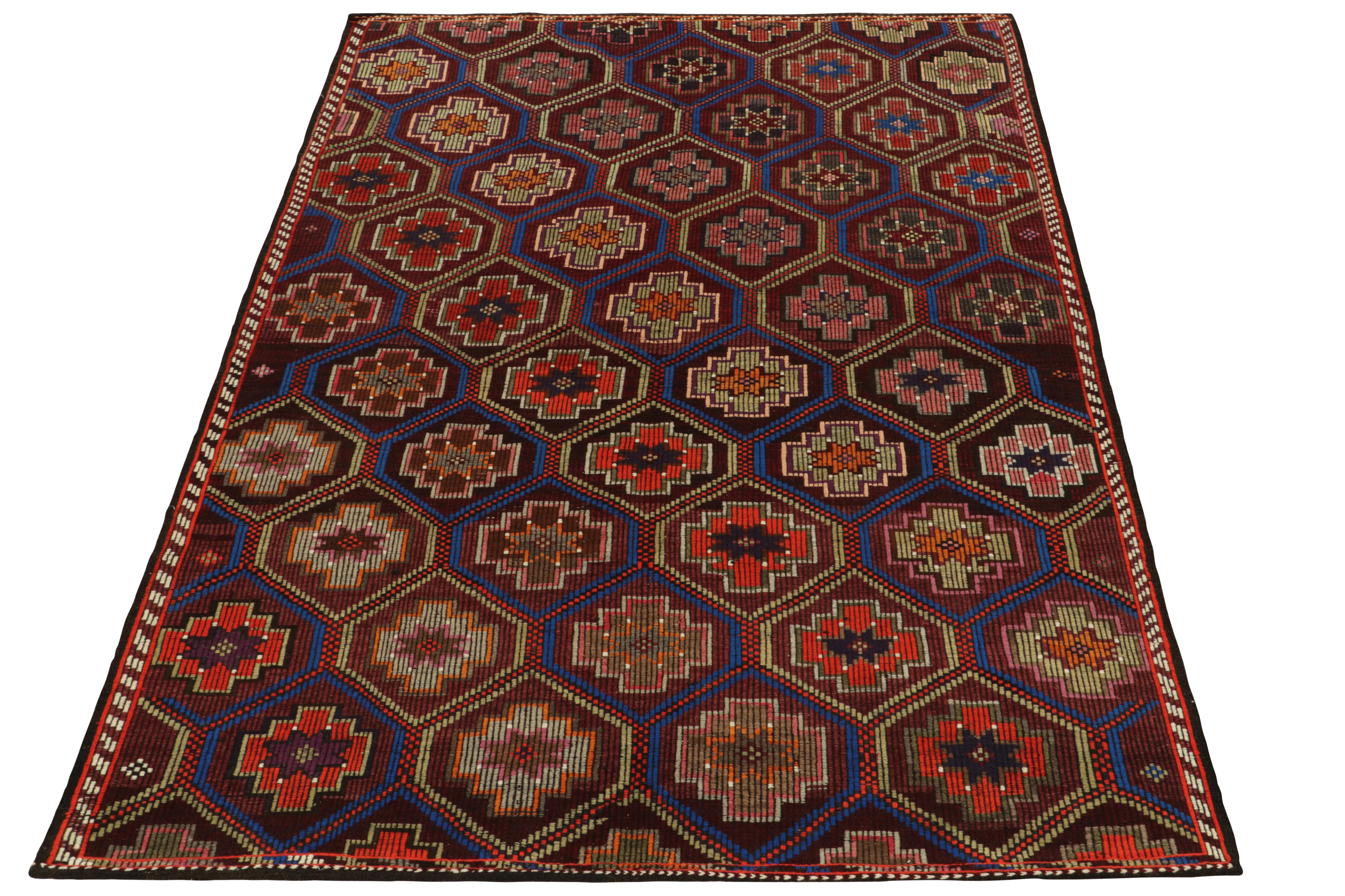 Carrying rich Kurdish inspiration, a vintage Cecim kilim rug entering our flat weave collection. This 6x10 creation from the Anatolian lineage revels in impeccable embroidery & detailing in design. Reading on the tribal sensibilities of the 1950s,