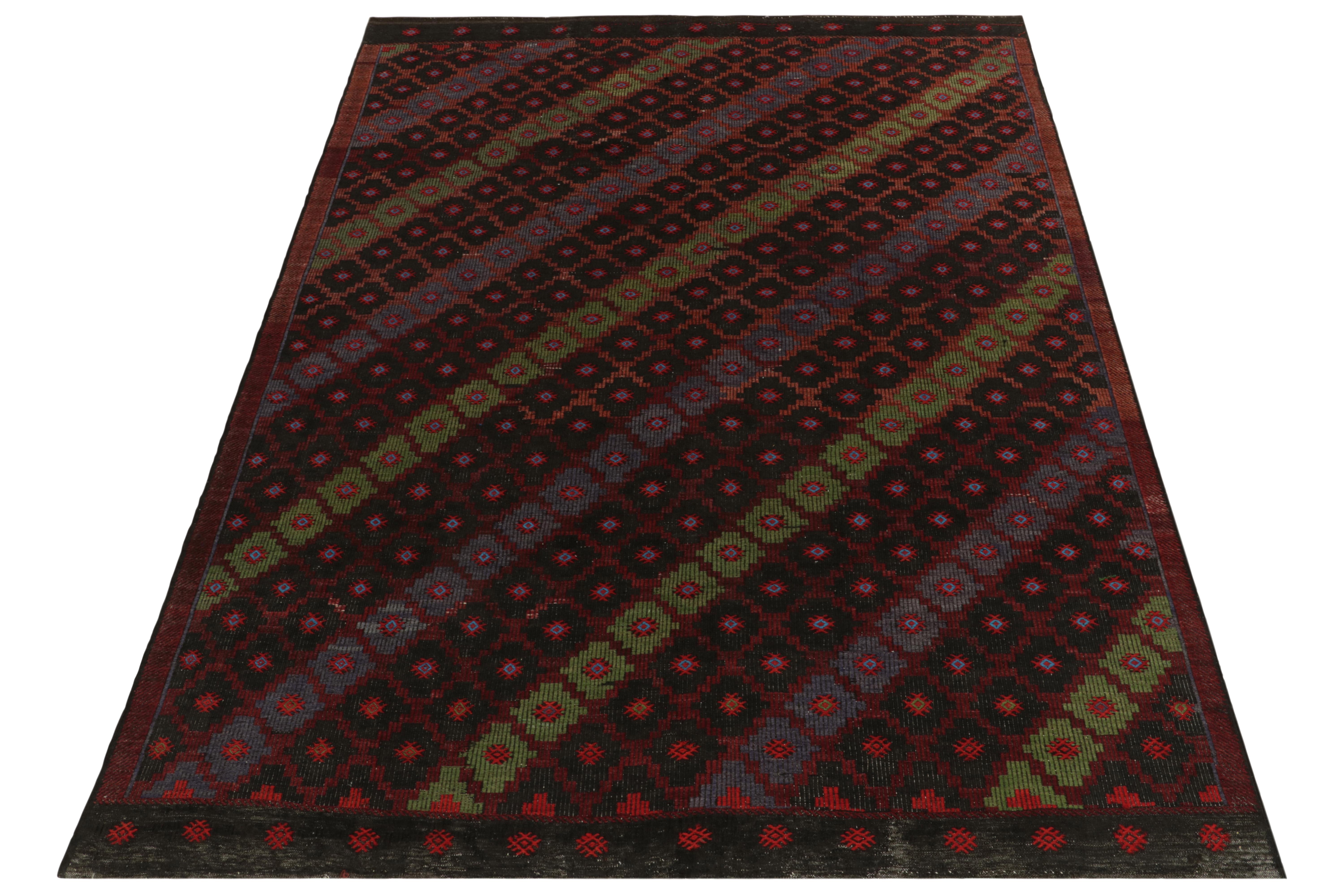 Connoting the renowned Kurdish style, this vintage 8x11 Cecim kilim rug remarks prestigious new curation in our flatweaves. This vintage mid-century rug features an embroidered lattice pattern manifesting as a careful diagonal design alternating in